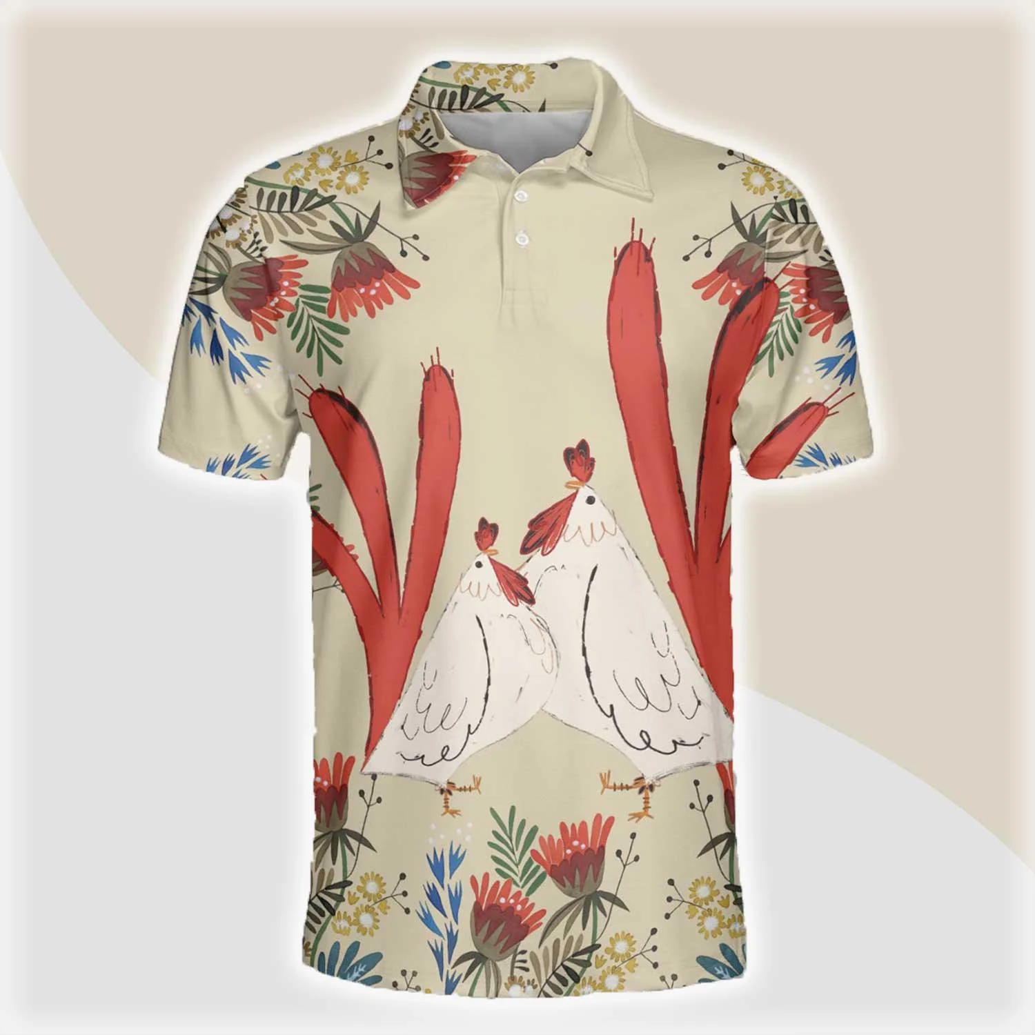 Chicken Men Polo Shirts For Summer - Chicken Flower Art Pattern Button Shirts For Men - Perfect Gift For Chicken Lovers, Animal Lovers