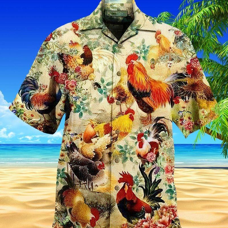 Chicken Rooster Aloha Hawaiian Shirt - Colorful Chicken Rooster Hawaiian Shirt, Flower Garden Farmer Hawaiian Shirt For Men & Women, Rooster Lover