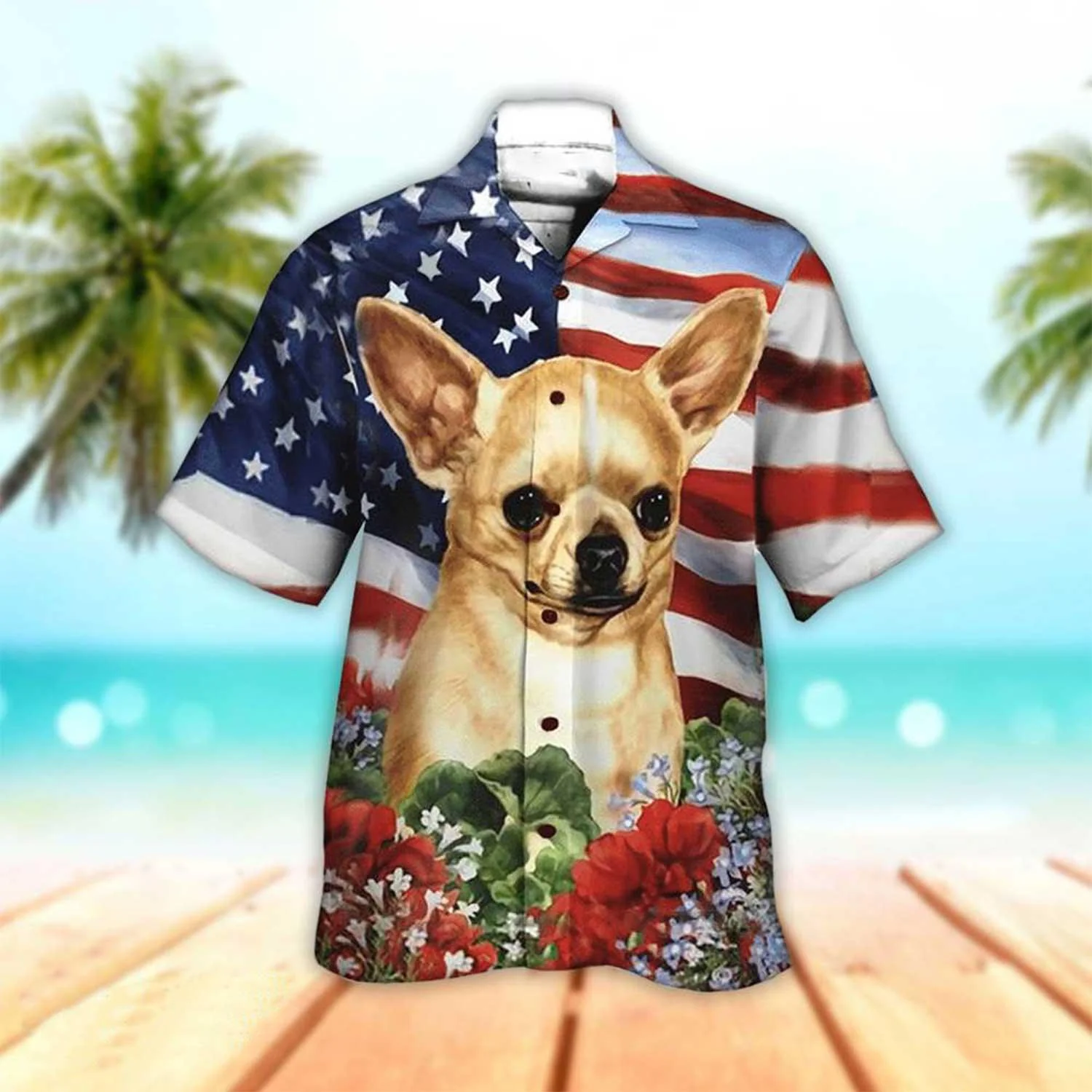 Chihuahua Aloha Hawaiian Shirts For Summer, Patriotic Chihuahua Fourth Of July American Flag Hawaiian Shirt For Men Women, Gift For Dog Lovers