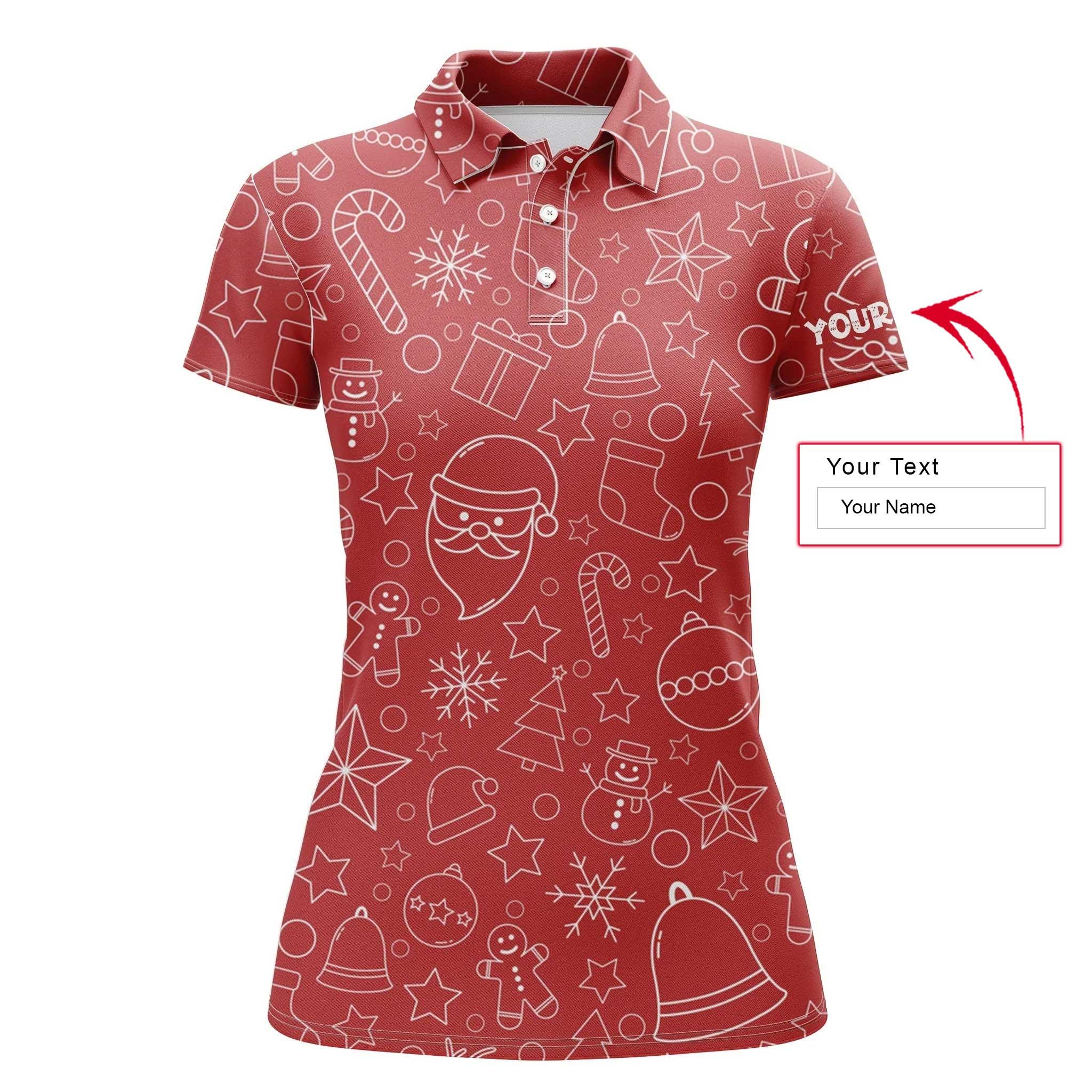 Christmas Custom Name Women Polo Shirt, Beautiful Red Xmas Pattern Christmas Personalized Women Polo Shirts, Gift For Ladies, Christmas Gift