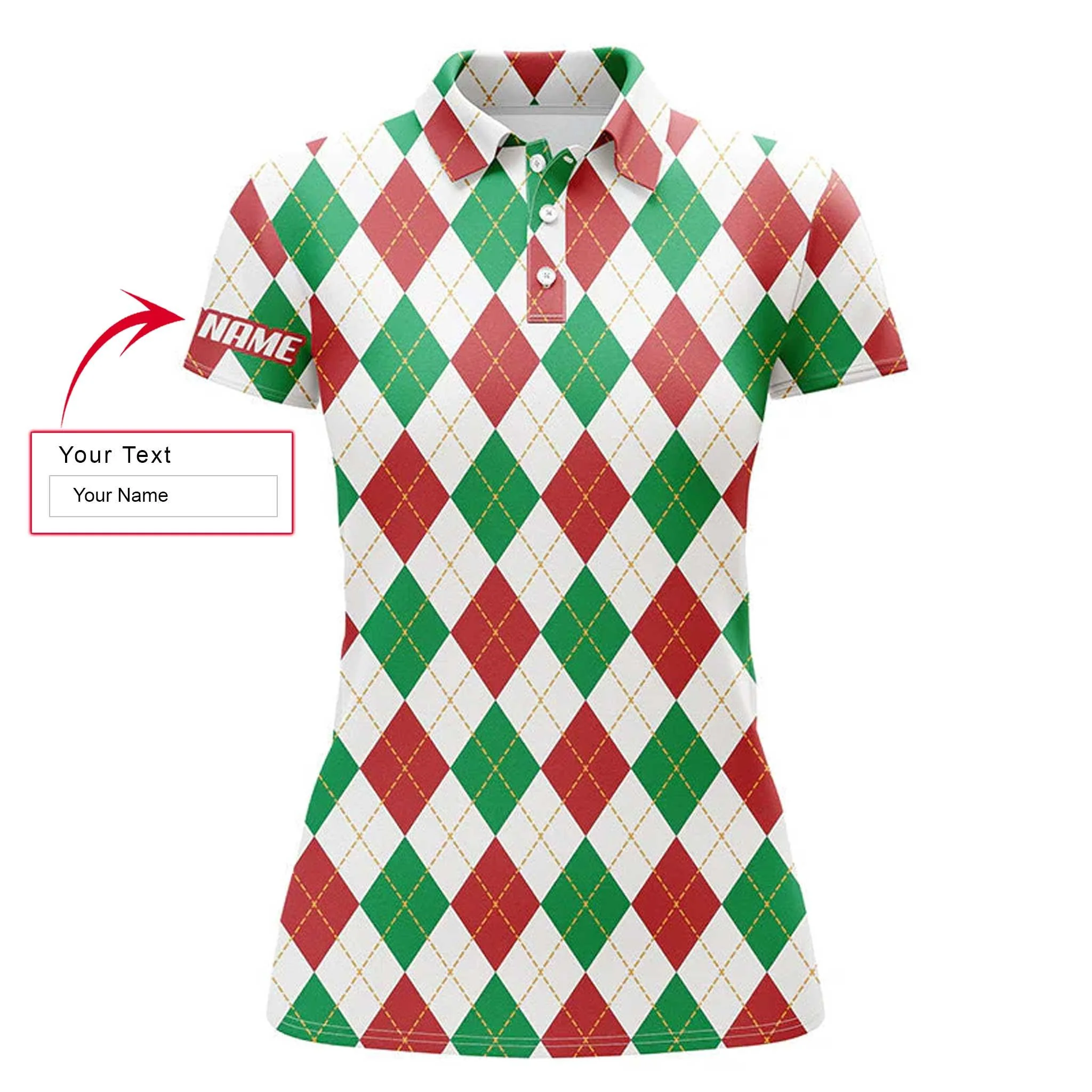 Christmas Custom Name Women Polo Shirt, Christmas Plaid Argyle Pattern Personalized Women Polo Shirts, Golfing Gift For Ladies, Christmas Gifts