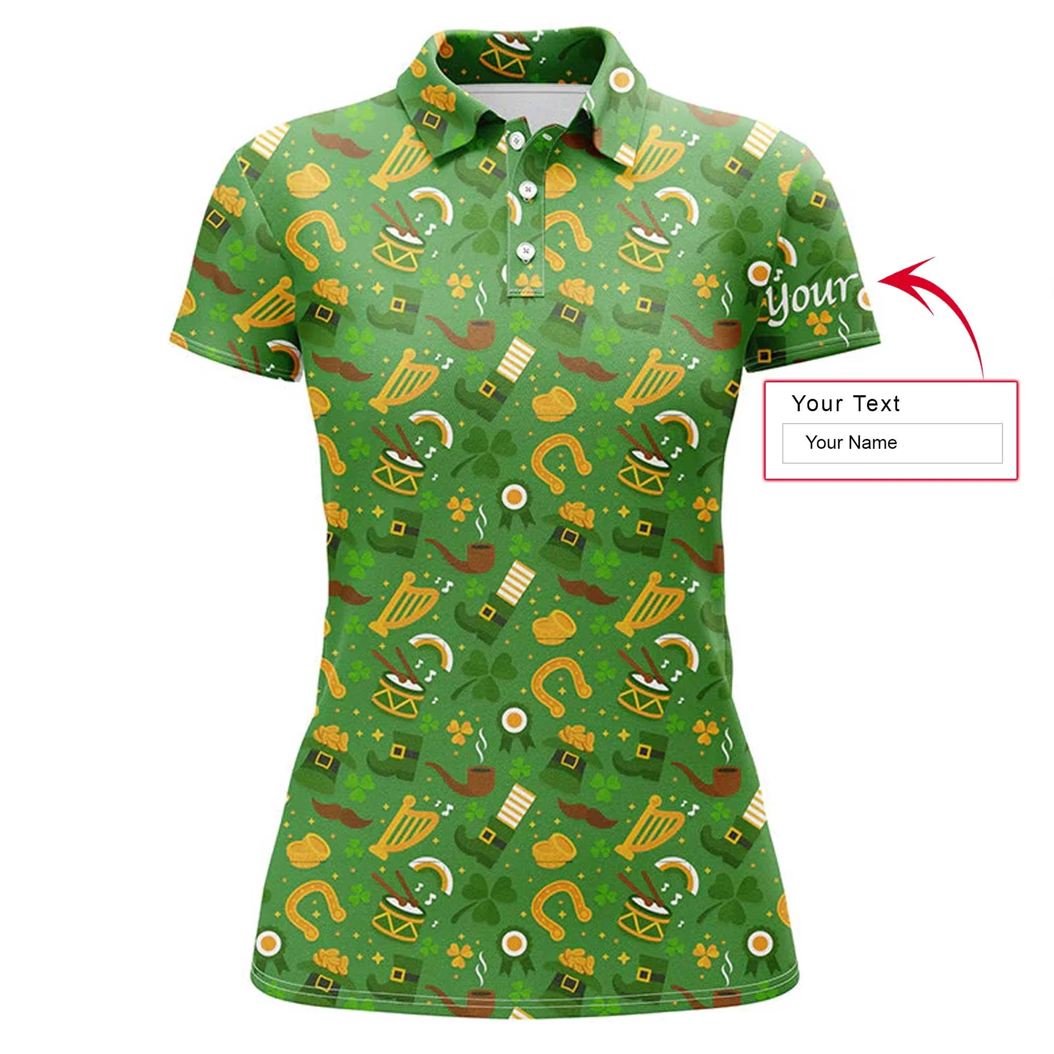 Clover Custom Name Women Polo Shirt, Saint Patrick's Day Green Pattern Personalized Golf Women Polo Shirts, Perfect Gift For Ladies, Women
