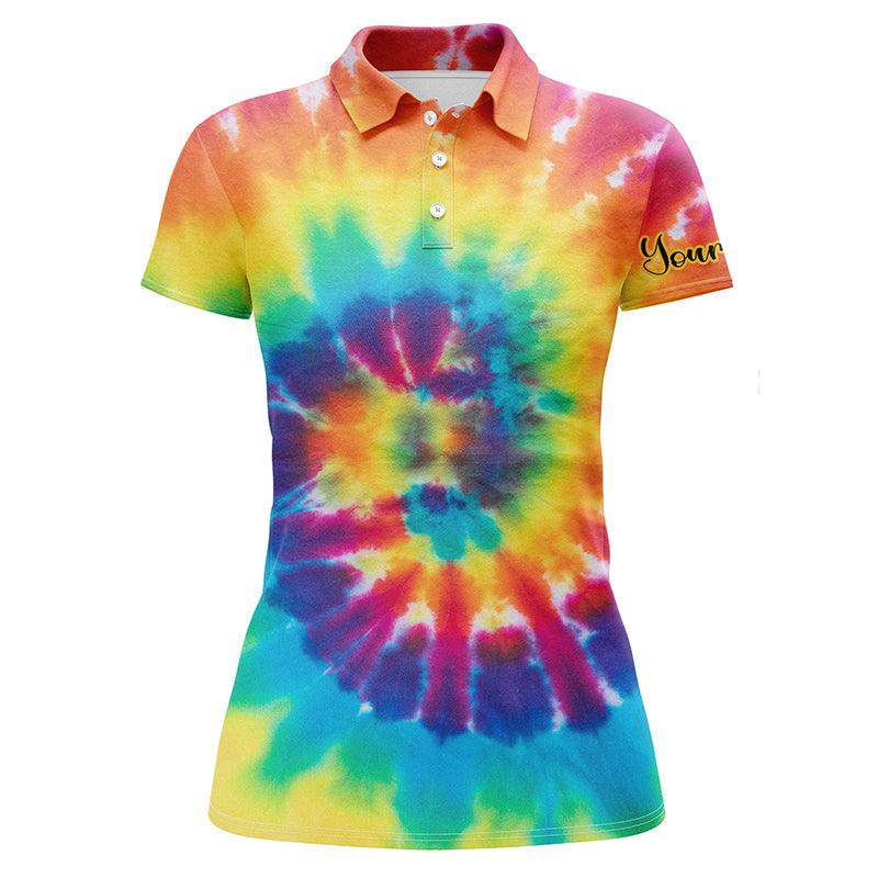 Colorful Tie Dye Background Custom Name Women Polo Shirt, Colorful Personalized Women Polo Shirts, Best Gift For Female, Ladies, Girls - Image 2