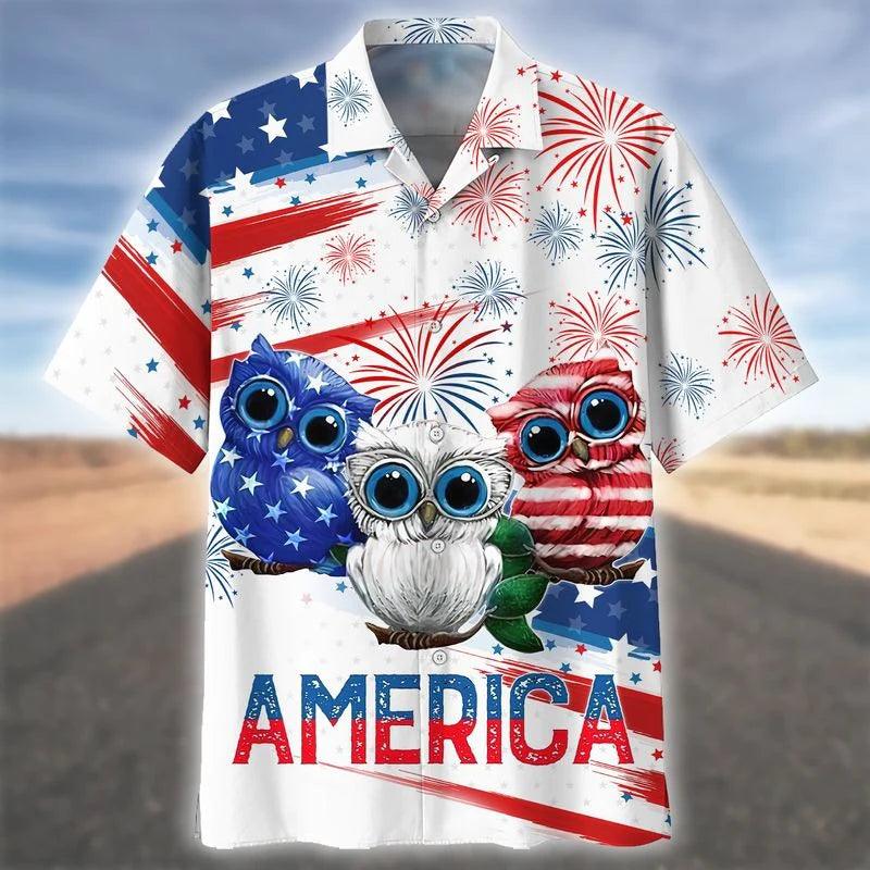Cool Owl Aloha Hawaiian Shirts For Summer, Independence Day USA Flag America Aloha Hawaiian Shirt For Men Women, 4th Of July Gift For Owl Lovers