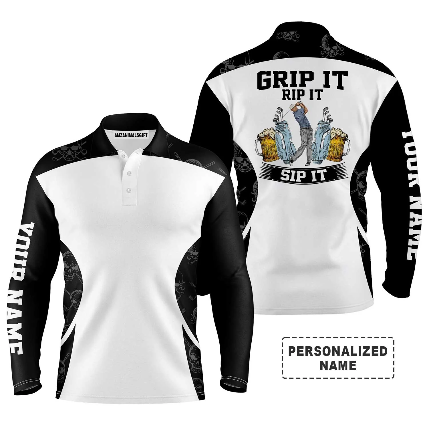 Custom Golf Long Sleeve Men Polo Shirt - Beer And Golf Men Polo Shirt, Grip It Rip It Sip It Men Polo Shirt - Perfect Polo Shirt For Men, Golfers - Image 2