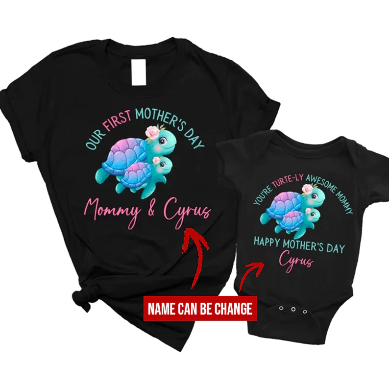 Turtle Baby Onesies, Matching T-Shirt & Baby Onesie Our First Mother's Day Mommy & Baby Cute Turtle Printed Custom Name Personalized Onesies, Newborn Onesies - Perfect Gift For Baby, Baby Gift Onesie