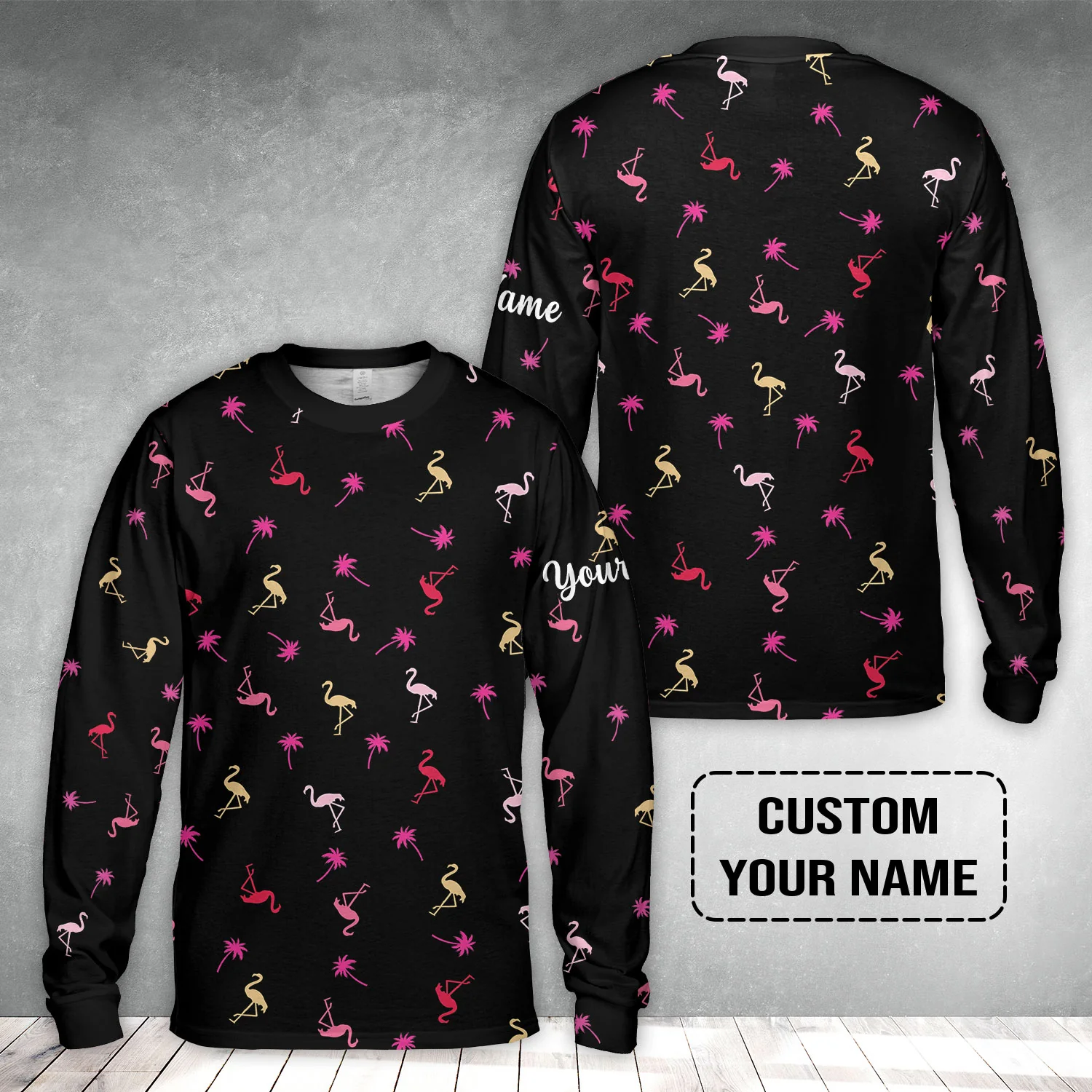 Flamingo Golf Long Sleeve Shirt - Custom Name Neon Pink Flamingos Palm Pattern Apparel Long Sleeve Shirt- Personalized Gift For Golf Lover, Team, Husband, Boyfriend, Men - Image 2
