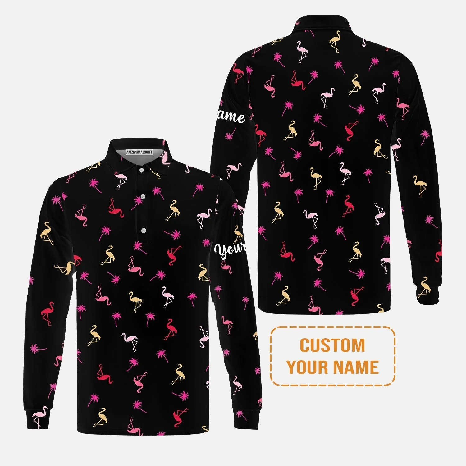 Flamingo Golf Long Sleeve Shirt - Custom Name Neon Pink Flamingos Palm Pattern Apparel Long Sleeve Shirt- Personalized Gift For Golf Lover, Team, Husband, Boyfriend, Men - Image 4