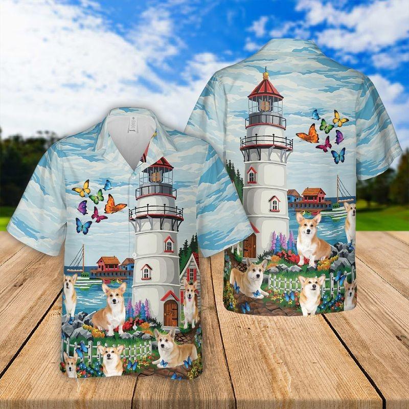 Corgi Aloha Hawaiian Shirt - Lighthouse Peaceful Beach Art Beach Hawaiian Shirt, Corgi Beach Hawaiian Shirt For Men & Women, Corgi Lover