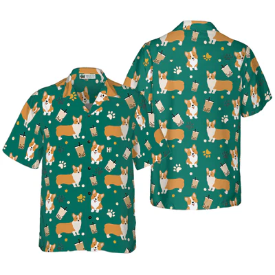 Corgi Hawaiian Shirt, Corgi And Boba Tea Aloha Shirt For Men - Perfect Gift For Corgi Lovers, Husband, Boyfriend, Friend, Family