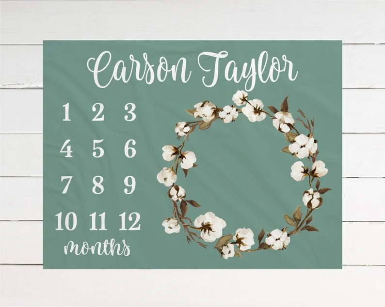 Cotton Flower Wreath Baby Kids Milestone Blanket With Customized Name For Baby Girl Nursery, Daughter, Granddaughter, Month Gifts