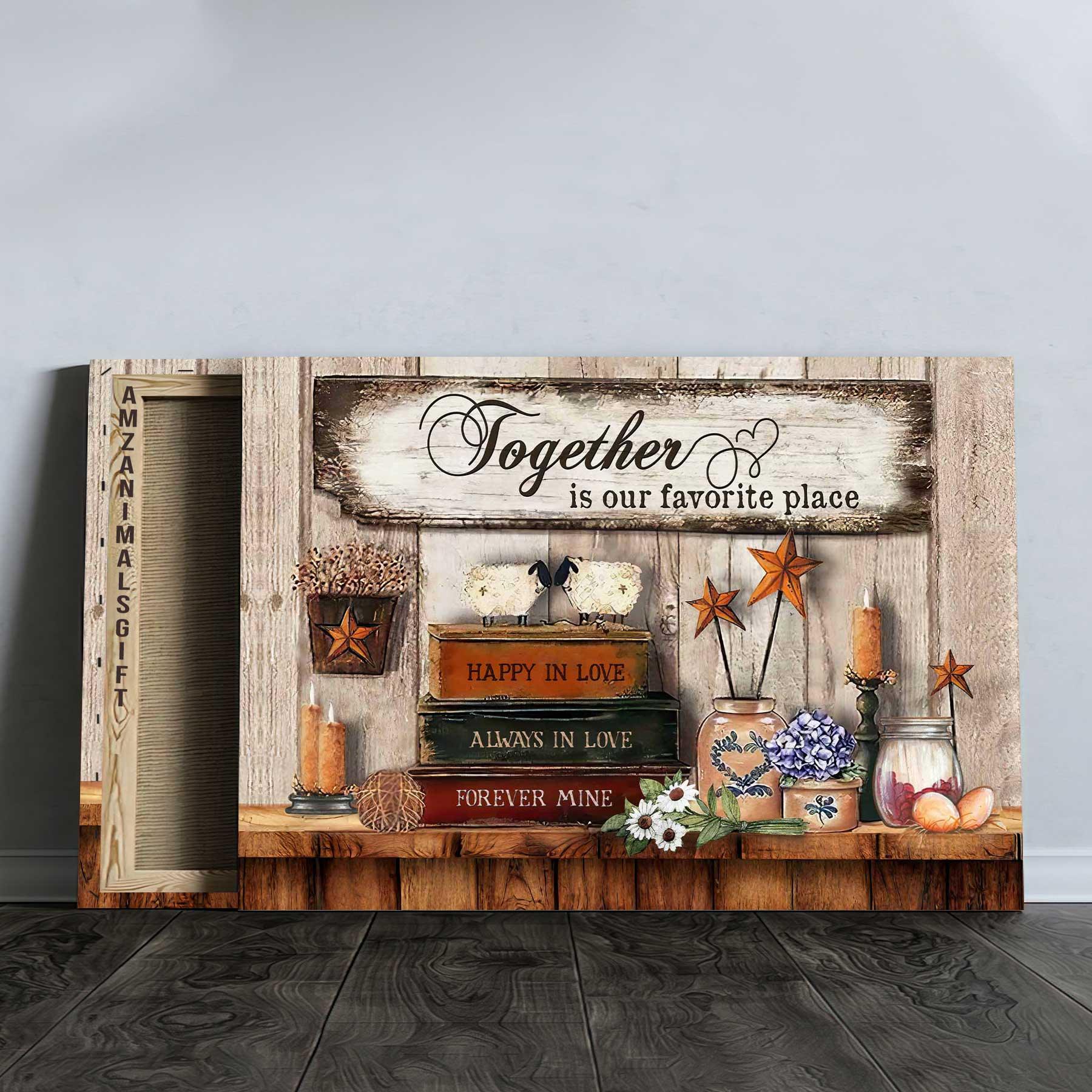 Couple Premium Wrapped Landscape Canvas - Antique Book, Vintage Room, Flower Painting, Together Is Our Favorite Place - Gift For Couple, Lovers - Image 3