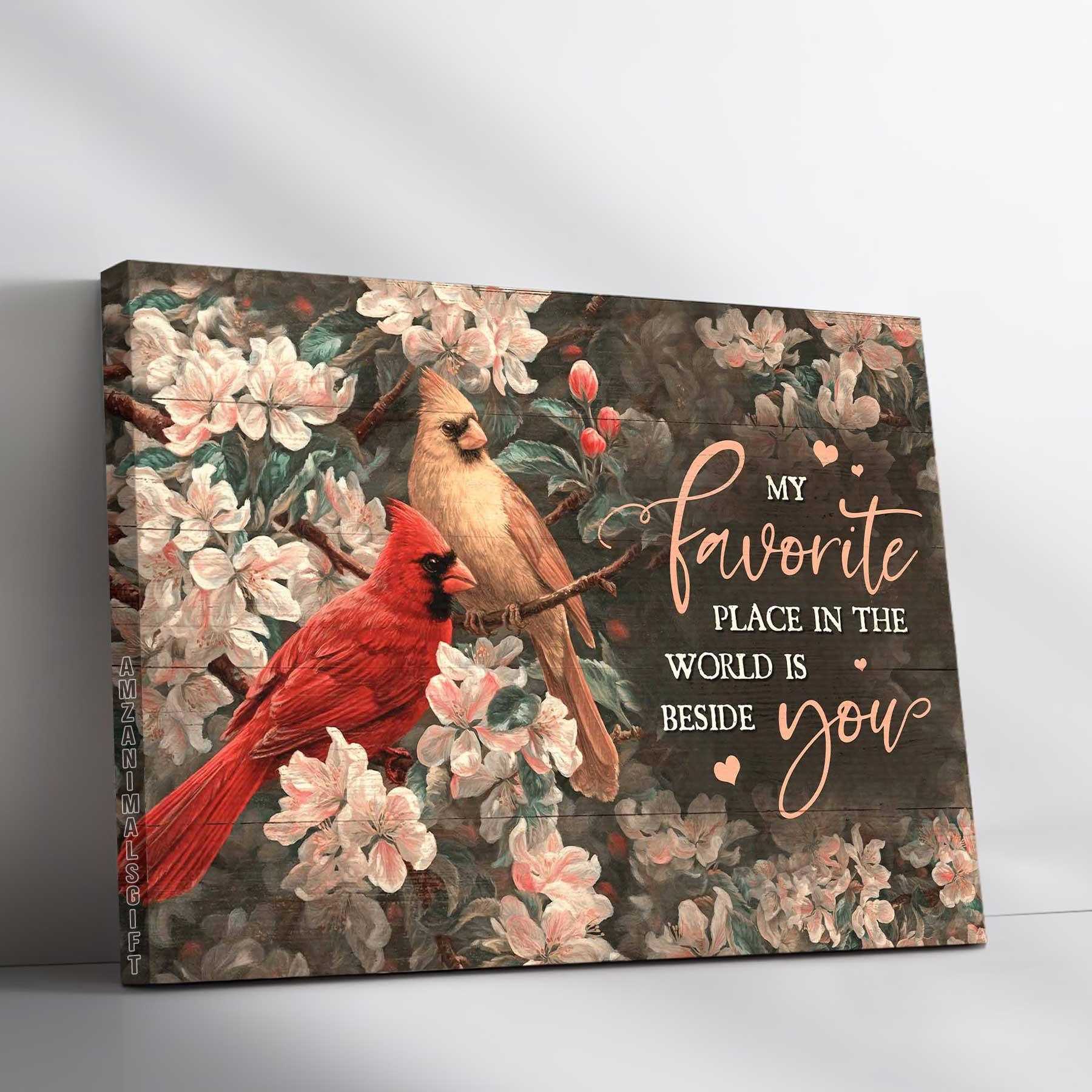 Couple Premium Wrapped Landscape Canvas - Pink Flower Garden, Watercolor Cardinal, My Favorite Place In The World Is Beside You - Gift For Couple
