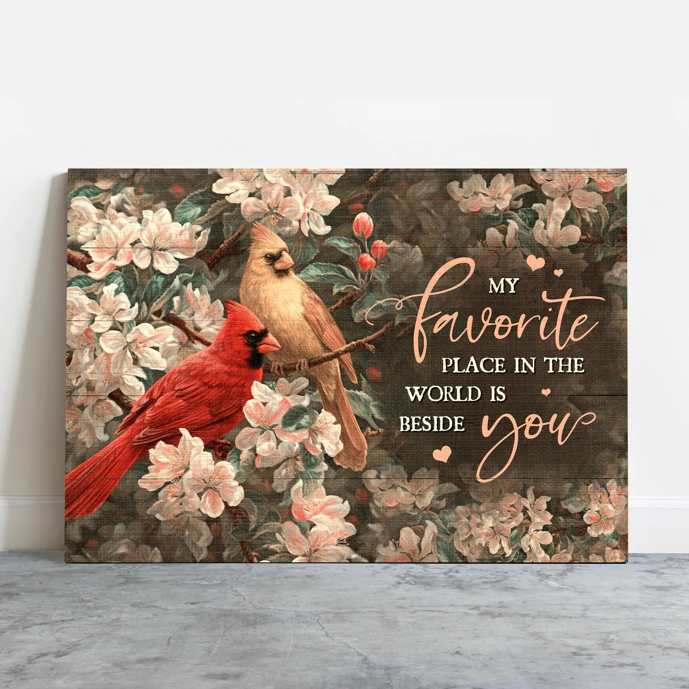 Couple Premium Wrapped Landscape Canvas - Pink Flower Garden, Watercolor Cardinal, My Favorite Place In The World Is Beside You - Gift For Couple - Image 2