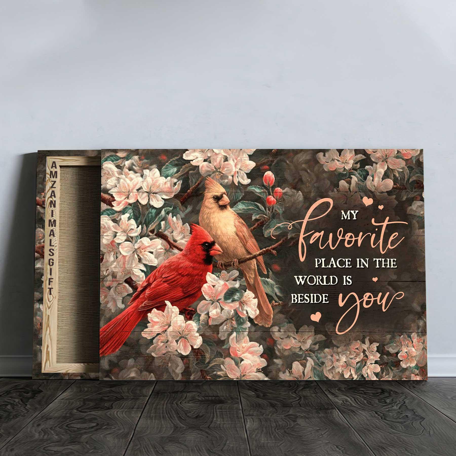 Couple Premium Wrapped Landscape Canvas - Pink Flower Garden, Watercolor Cardinal, My Favorite Place In The World Is Beside You - Gift For Couple - Image 3