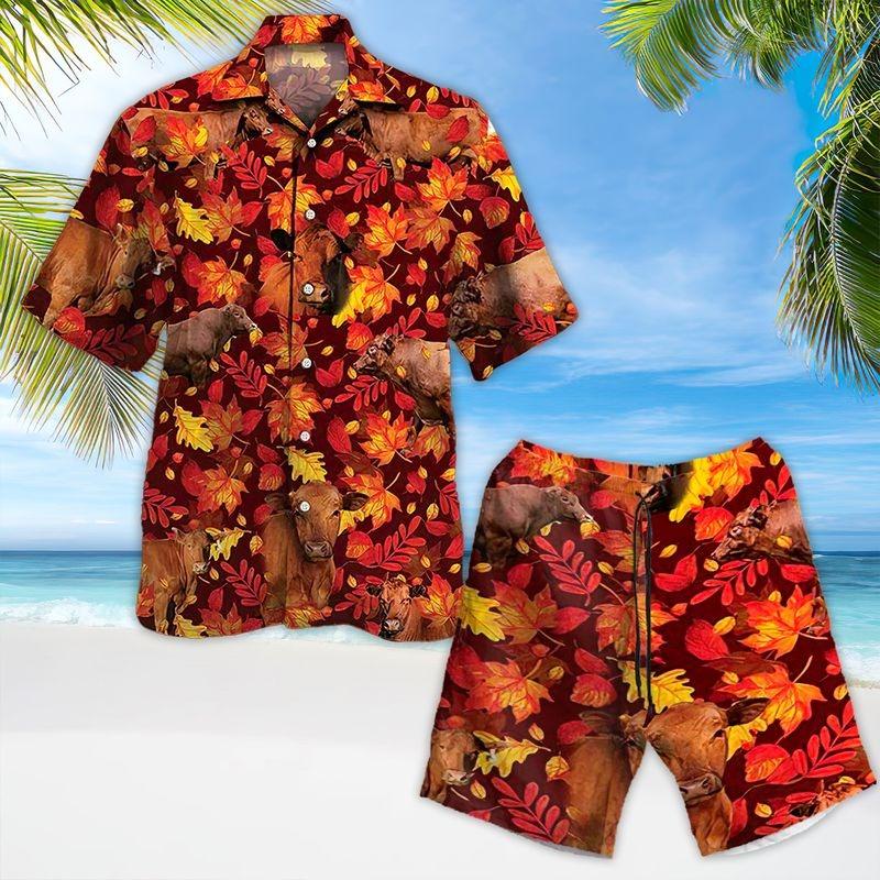 Cow Aloha Hawaiian Shirt - Brown Cow Autumn Leaves Pattern Hawaiian Shirt, Autumn Leaves Hawaiian Shirt For Men & Women, Cow Lover