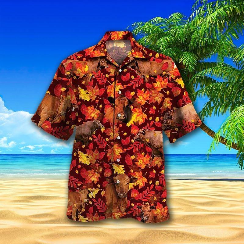 Cow Aloha Hawaiian Shirt - Brown Cow Autumn Leaves Pattern Hawaiian Shirt, Autumn Leaves Hawaiian Shirt For Men & Women, Cow Lover - Image 3