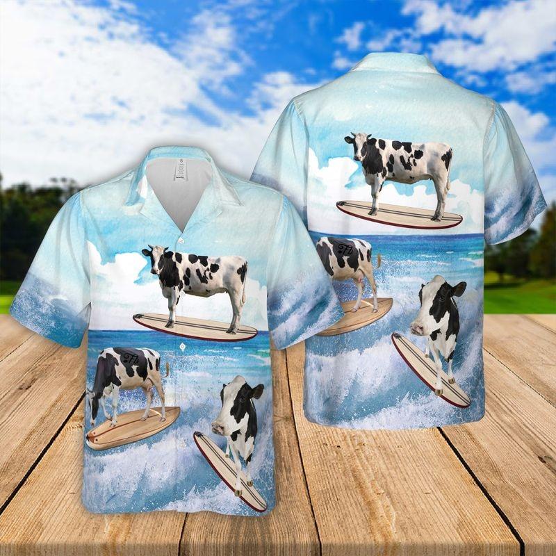Cow Aloha Hawaiian Shirt - Cow Surfing Hawaiian Shirt, Dairy Cow Beach Art Hawaiian Shirt For Men & Women, Cow Lover