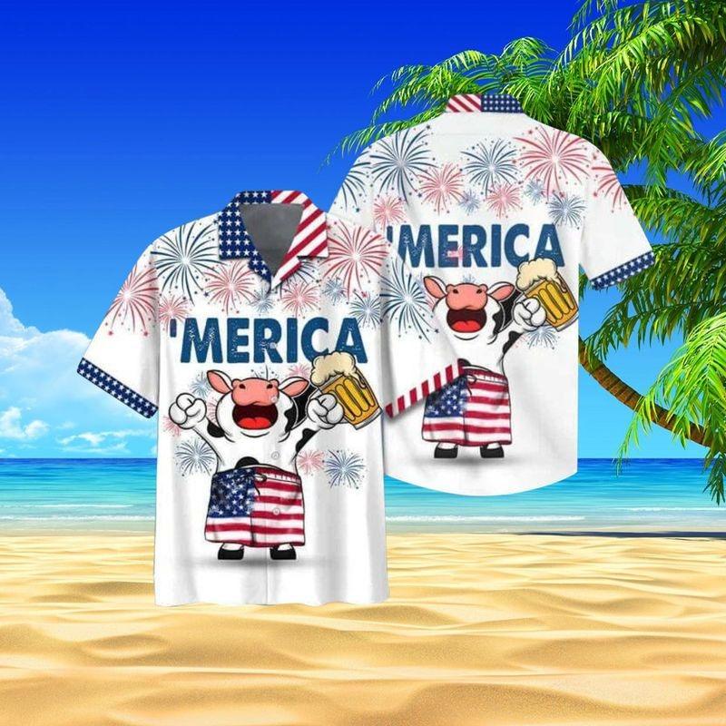 Cow Aloha Hawaiian Shirt - Funny Cow And Beer Hawaiian Shirt, Fireworks US Flag Hawaiian Shirt For Men & Women, Cow Lover