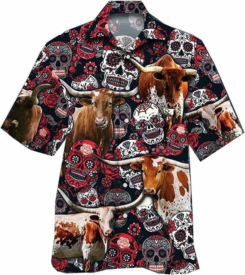 Cow Aloha Hawaiian Shirt - Longhorn Cow Hawaiian Shirt, Skull Hawaiian Shirt For Men & Women, Cow Lover