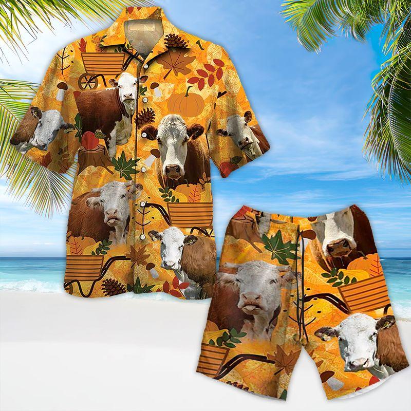 Cow Aloha Hawaiian Shirts For Summer, Autumn Pattern Hawaiian Set For Men Women, Thanksgiving Gift For Friend, Farmer, Harvest Day, Cow Lovers