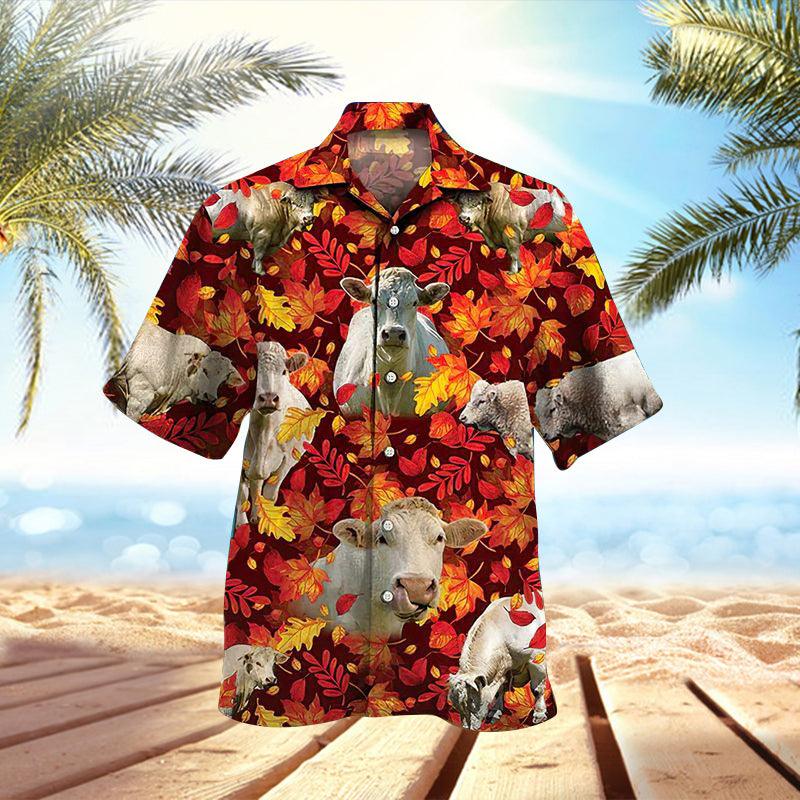 Cow Aloha Hawaiian Shirts For Summer, Cattle Autumn Leaf Pattern Cow Farm Hawaiian Set For Men Women, Gift For Farmer, Thanksgiving Day, Friend - Image 3
