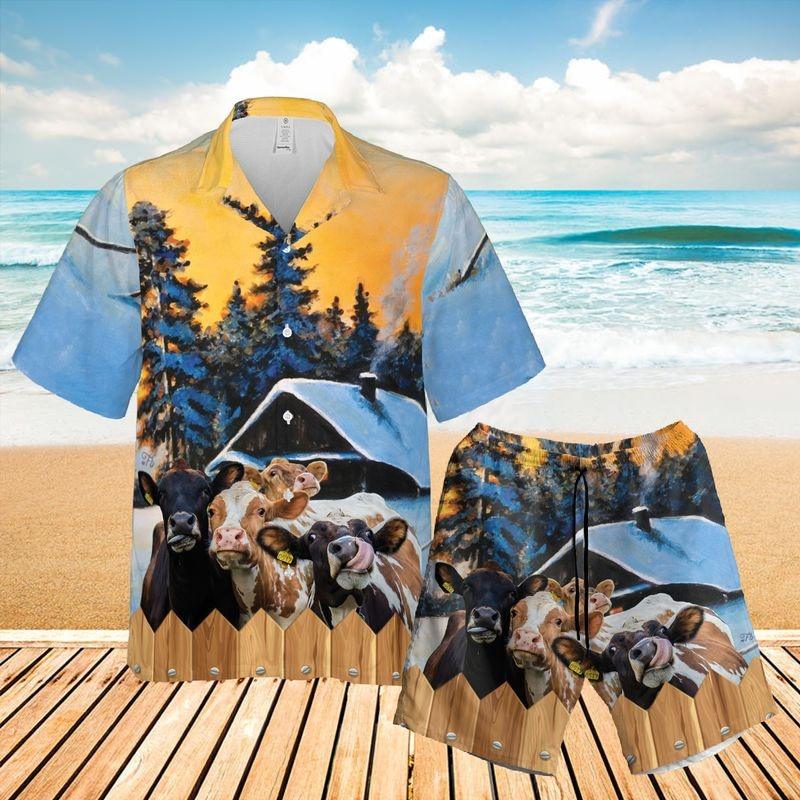 Cow Cattle Aloha Hawaiian Shirt - Funny Cow Winter Farmhouse Hawaiian Shirt, Christmas Is Coming To Farm Hawaiian Shirt For Men & Women, Cow Lover