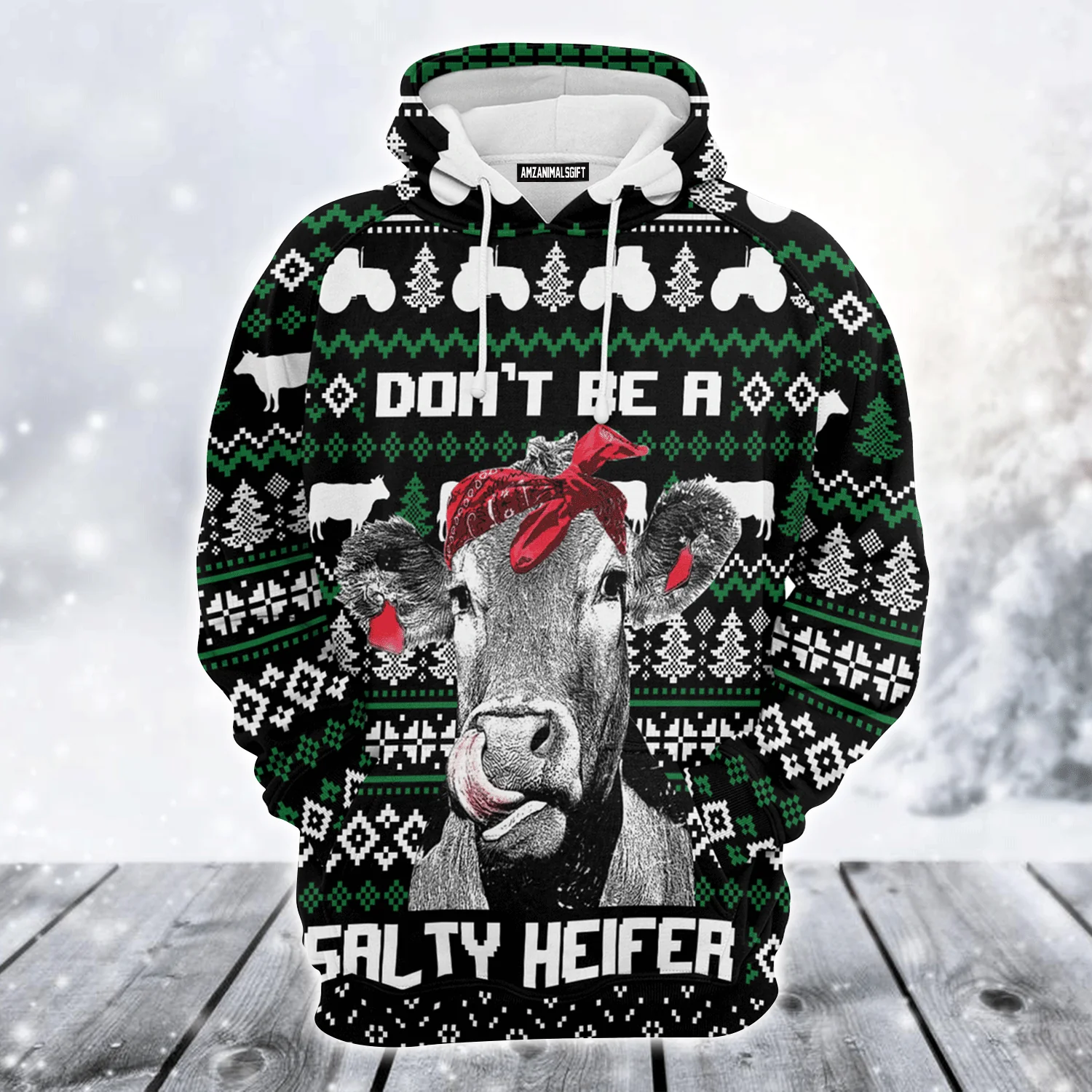 Cow Premium Christmas Hoodie, Don't Be a Salty Helfer Christmas Unisex Hoodie For Men & Women - Perfect Gift For Christmas, Cow Lover - Image 2