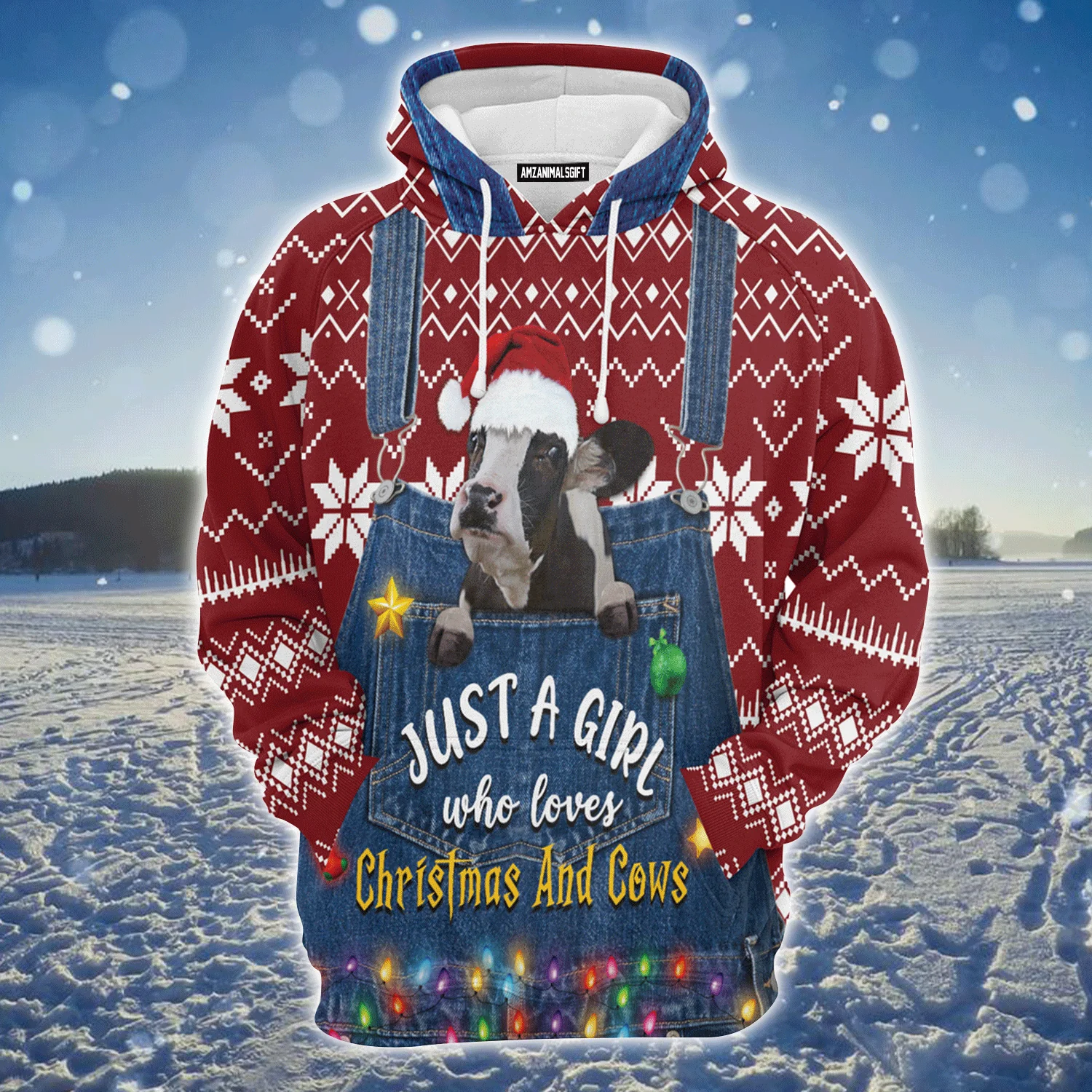 Cow Premium Christmas Hoodie, Just A Girl Who Loves Christmas And Cows Funny Unisex Hoodie For Men & Women - Perfect Gift For Christmas, Cow Lover, Family - Image 2