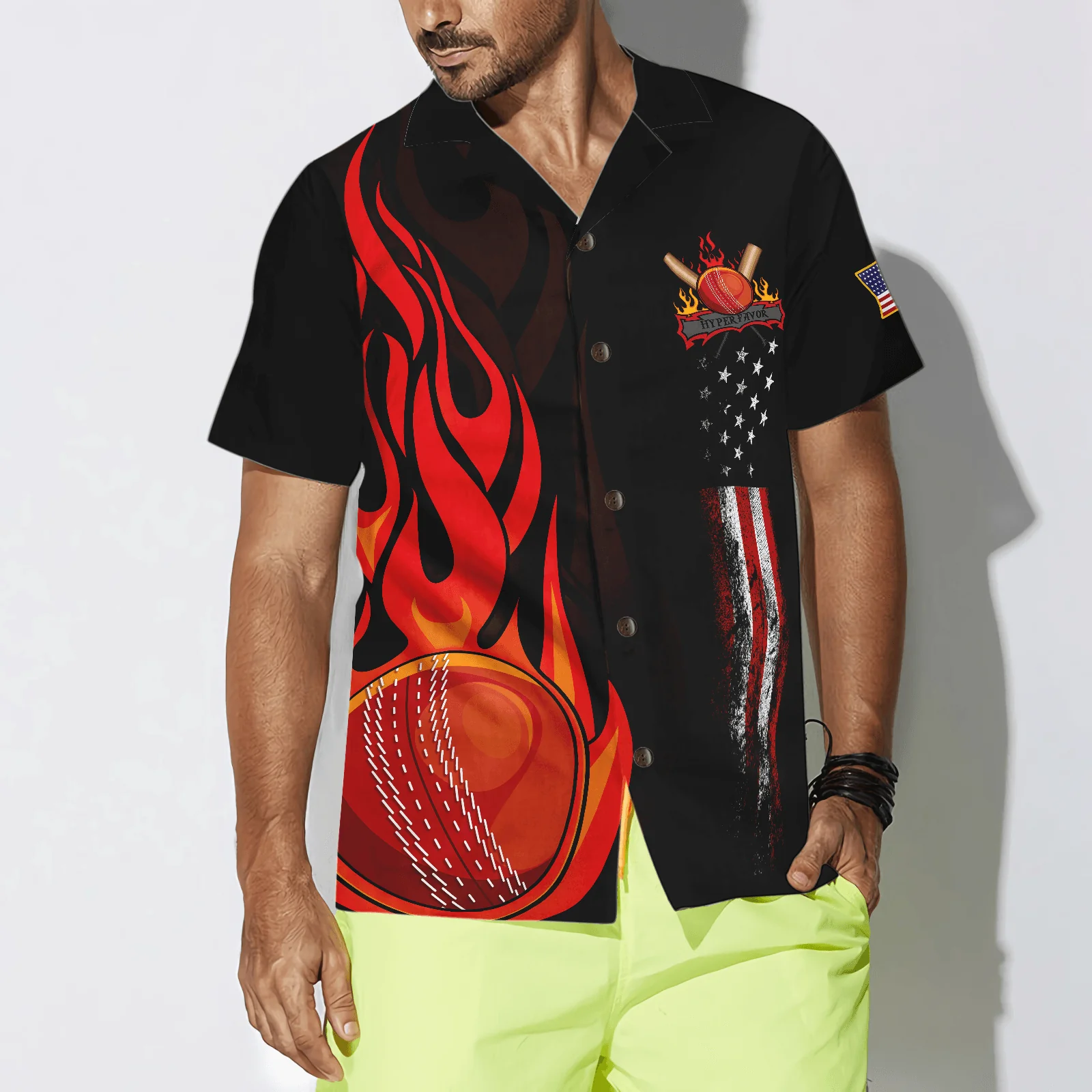 Cricket Flame American Flag Aloha Hawaiian Shirt For Summer, Colorful Hawaiian Shirt Outfit For Men Women, Friend, Team, Cricket Lovers - Image 4