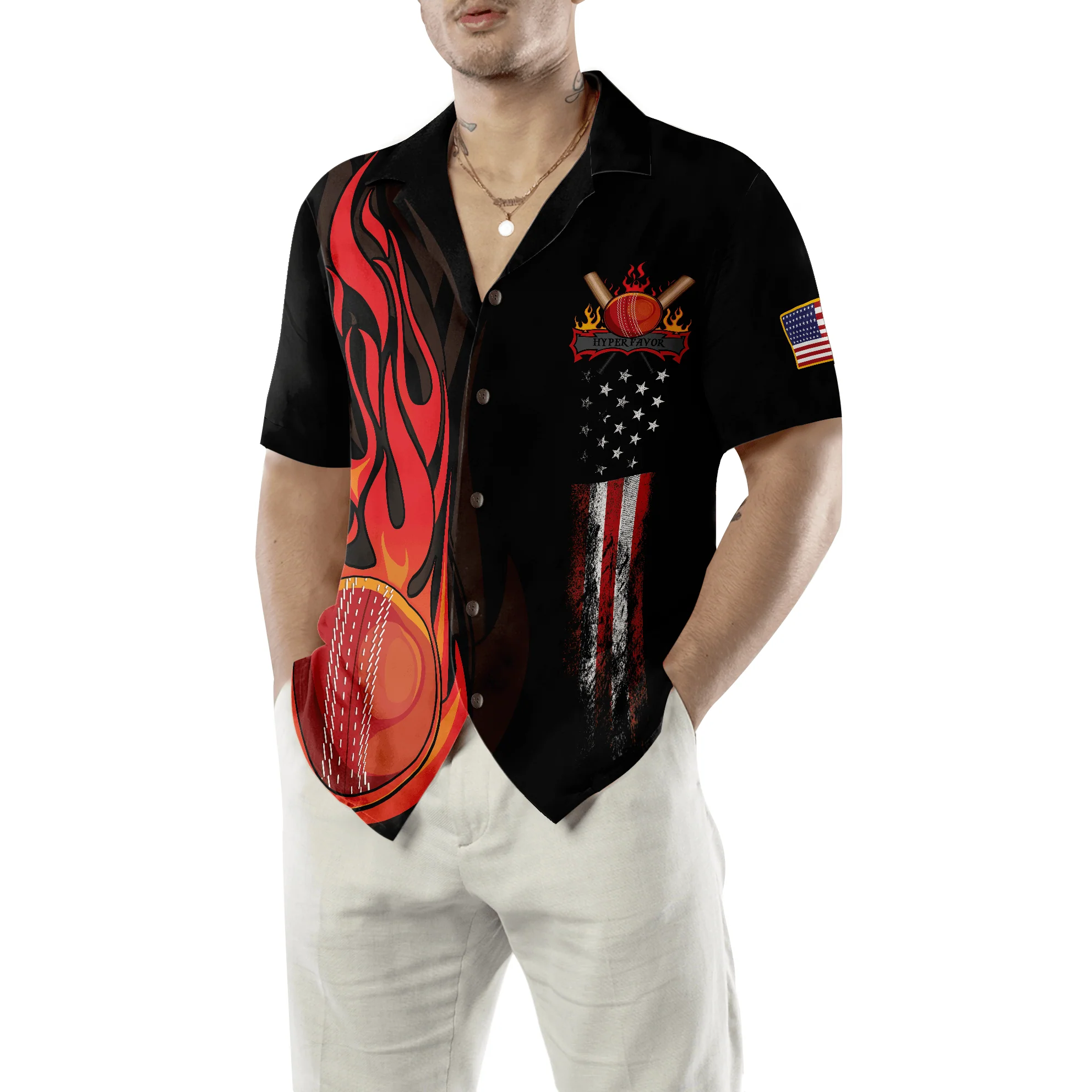 Cricket Flame American Flag Aloha Hawaiian Shirt For Summer, Colorful Hawaiian Shirt Outfit For Men Women, Friend, Team, Cricket Lovers - Image 5