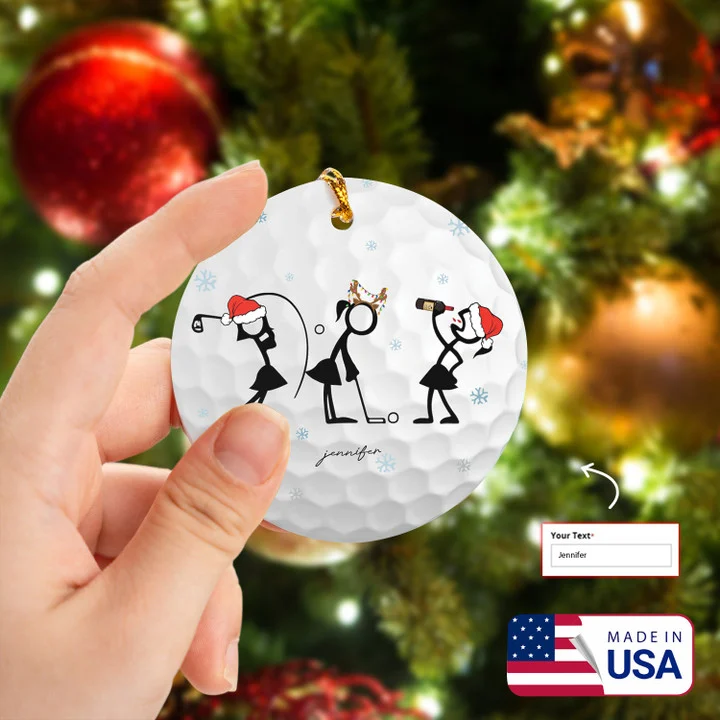 Custom 1 Name Wine Women Stick Man Circle Ceramic Ornament, Women Player Golf Stick Ornament - Best Gift For Christmas, Decor Home - Image 2