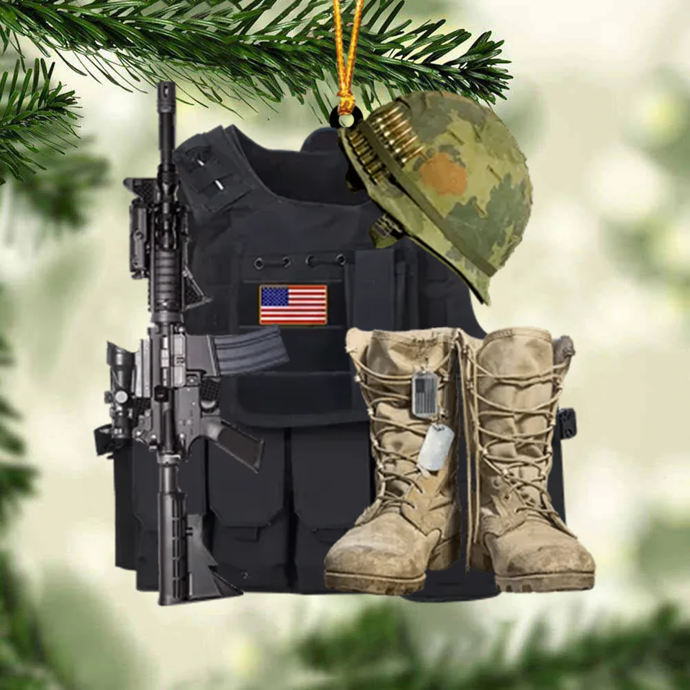 Custom Acrylic Christmas Ornament, Personalized Name Veteran Bullet Proof Vest And Boots Acrylic Ornament For Veteran, Christmas, New Year - Image 2