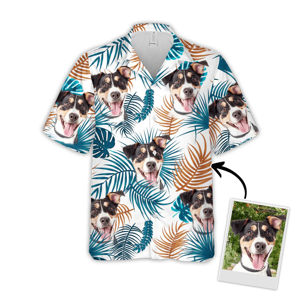 Custom Aloha Hawaiian Shirts With Dog Face - Leaves Pattern White Color Aloha Shirt, Custom Dog Pet Face Aloha Hawaiian Shirts & Tops For Men, Women - Image 3