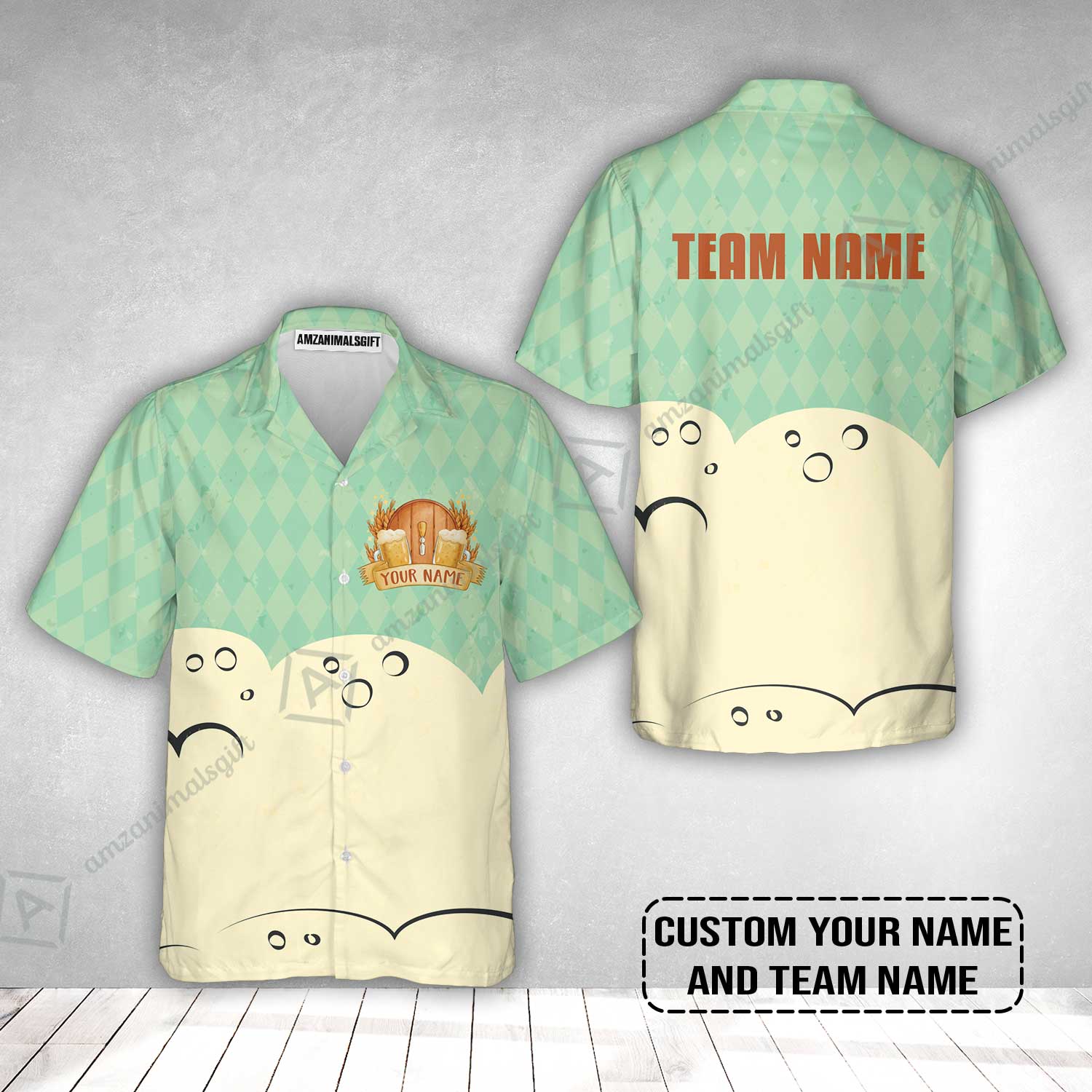 Custom Argyle Green Beer Pattern Design Oktoberfest Beer Festival Performance Hawaiian Shirt - Image 2