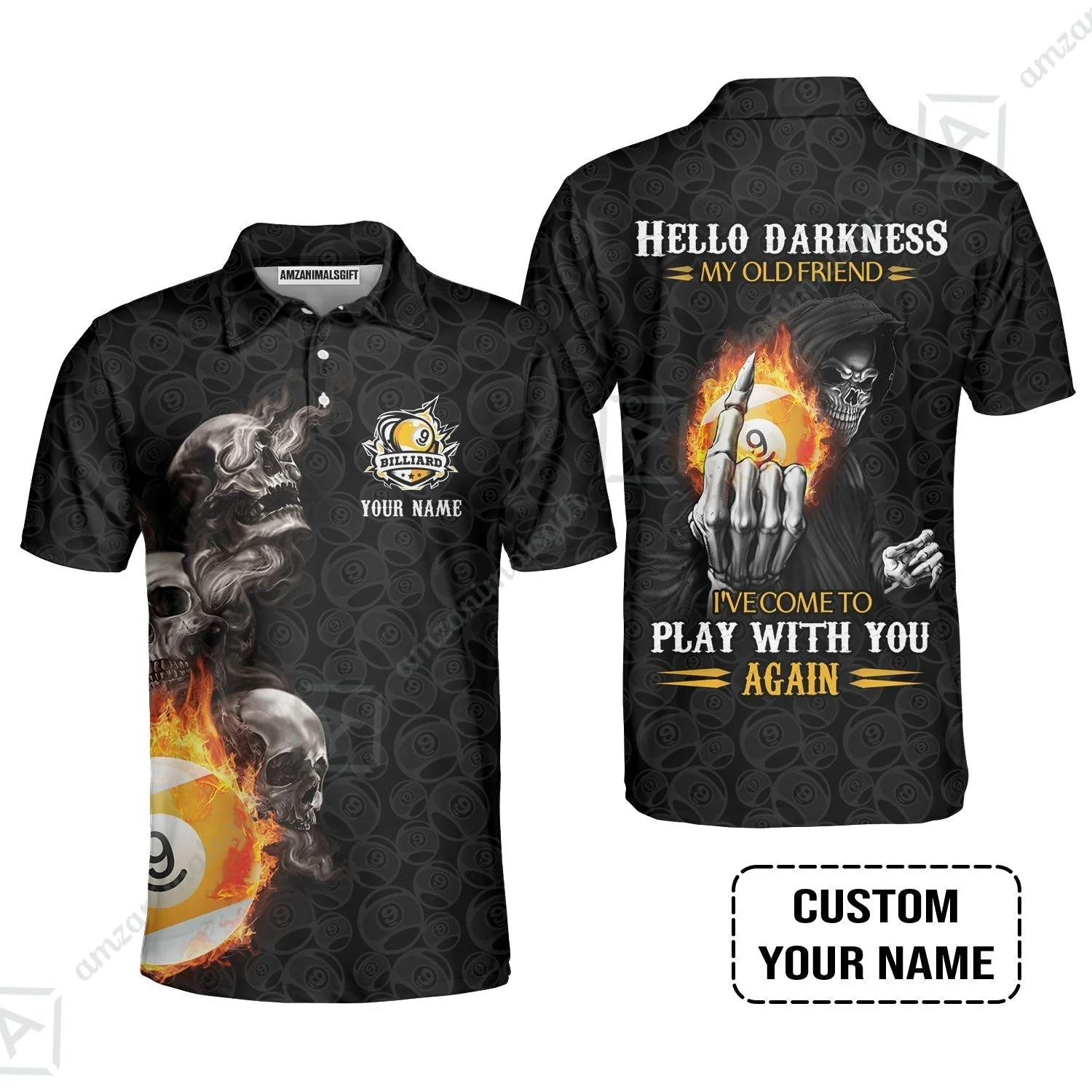 Custom Billiard Hawaiian Shirt - Skull Reaper Billiard Pool 9 Ball Hello Darkness My Old Friend Personalized Name Hawaiian Shirt - Image 6
