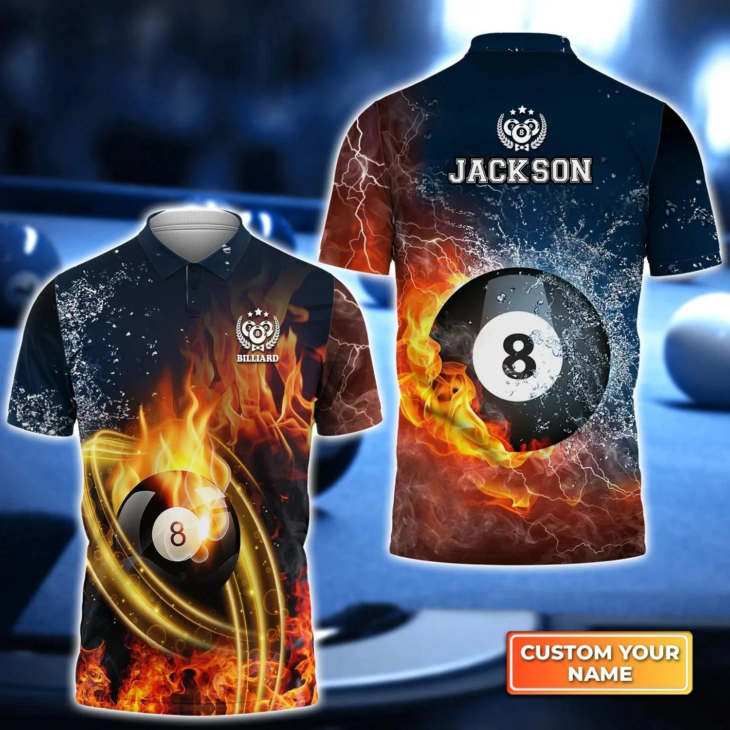 Custom Name Billiard Men Polo Shirt, Personalized Fire 8 Ball Pool Billiards Polo Shirts, Gift For Men, Billiard Lovers, Billiard Players