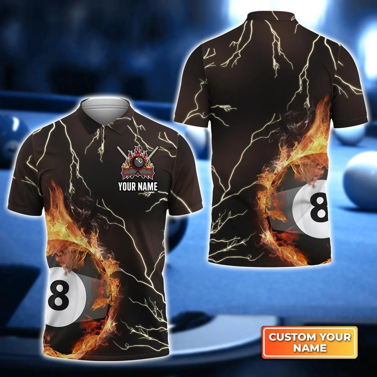 Custom Billiard Men Polo Shirt - Billiard 8 Ball Thunder Fire Flame Personalized Name Polo Shirt - Perfect Billiard Polo Shirt For Men, Billiard Lover
