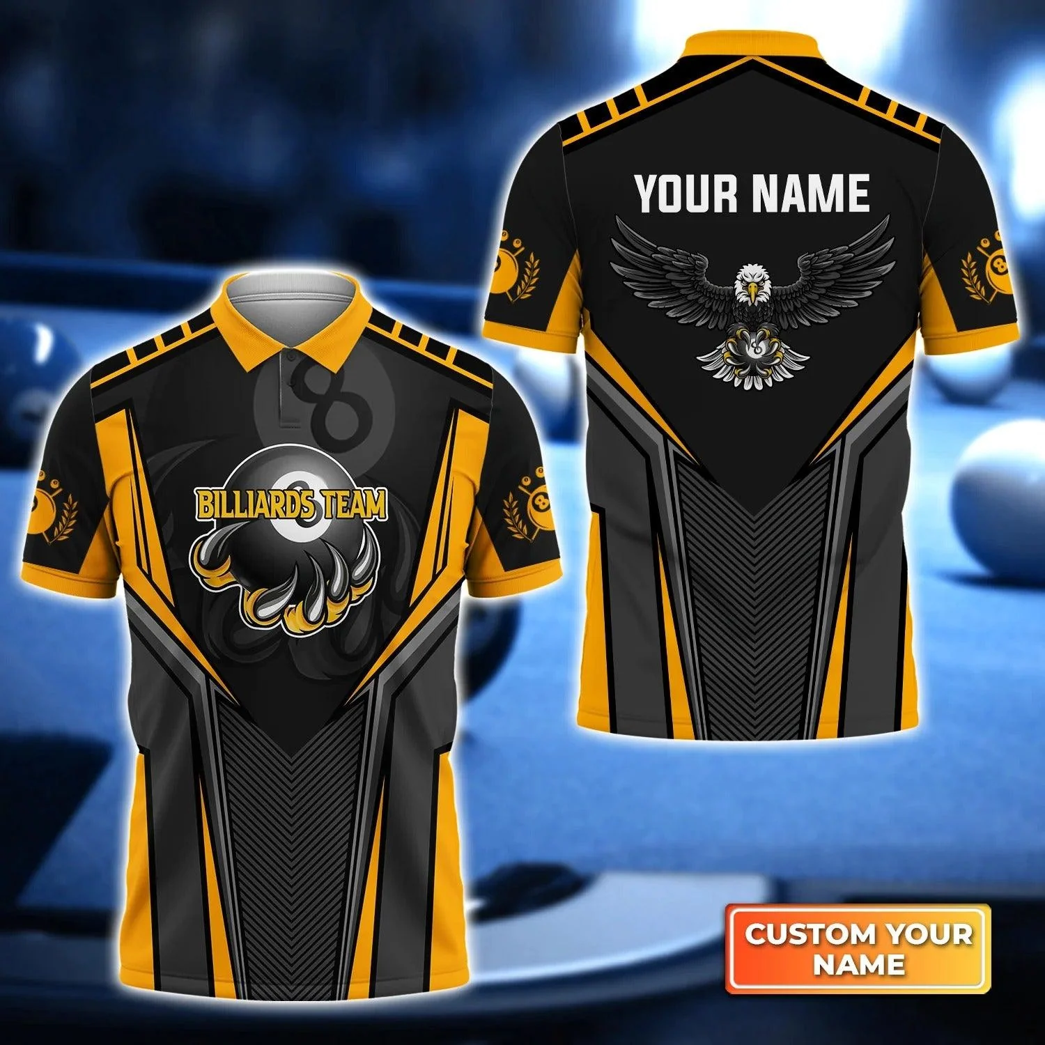 Custom Billiard Men Polo Shirt - Black Eagle Billiards Teams 8 Ball Personalized Name Polo Shirt, Perfect Billiard Polo Shirt For Men, Billiard Players