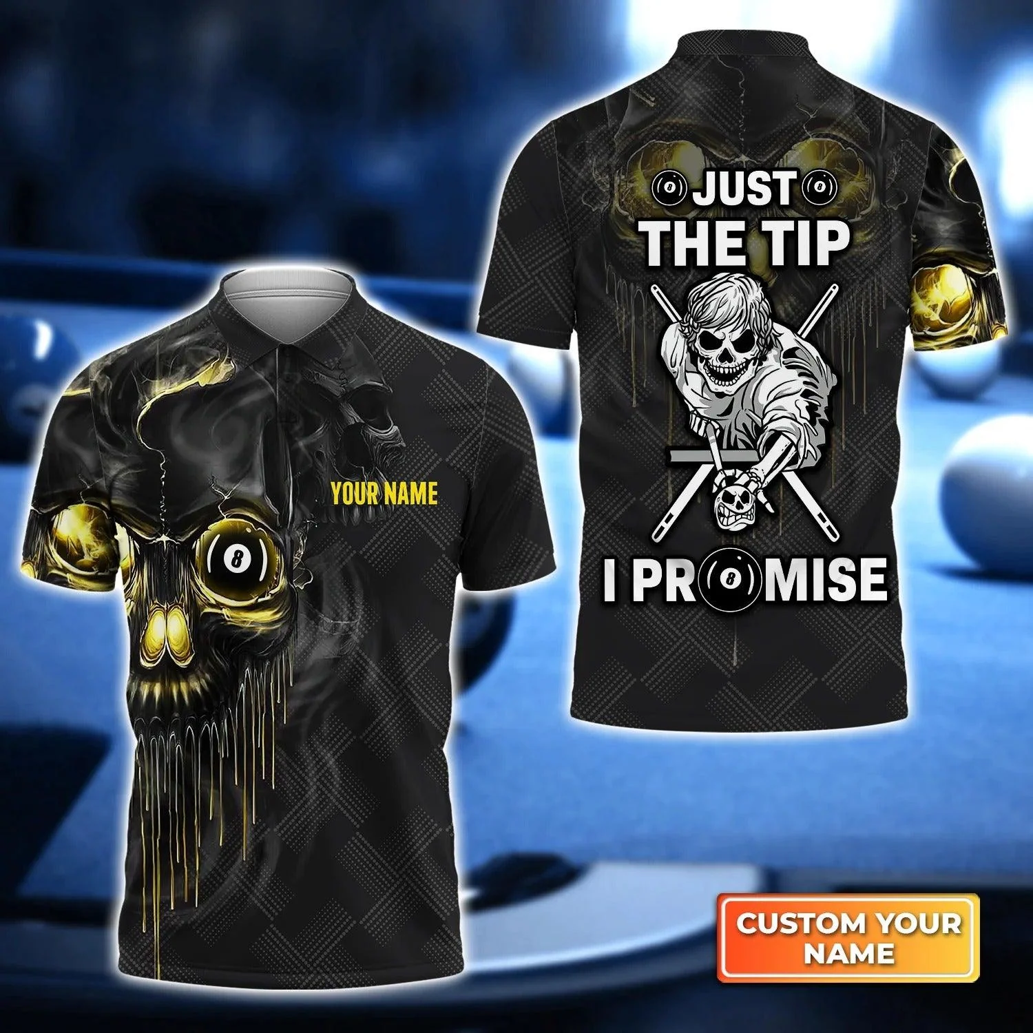 Custom Billiard Men Polo Shirt - Black Skull Just The Tip I Promise Personalized Name Polo Shirt, Perfect Billiard Polo Shirt For Men, Billiard Players