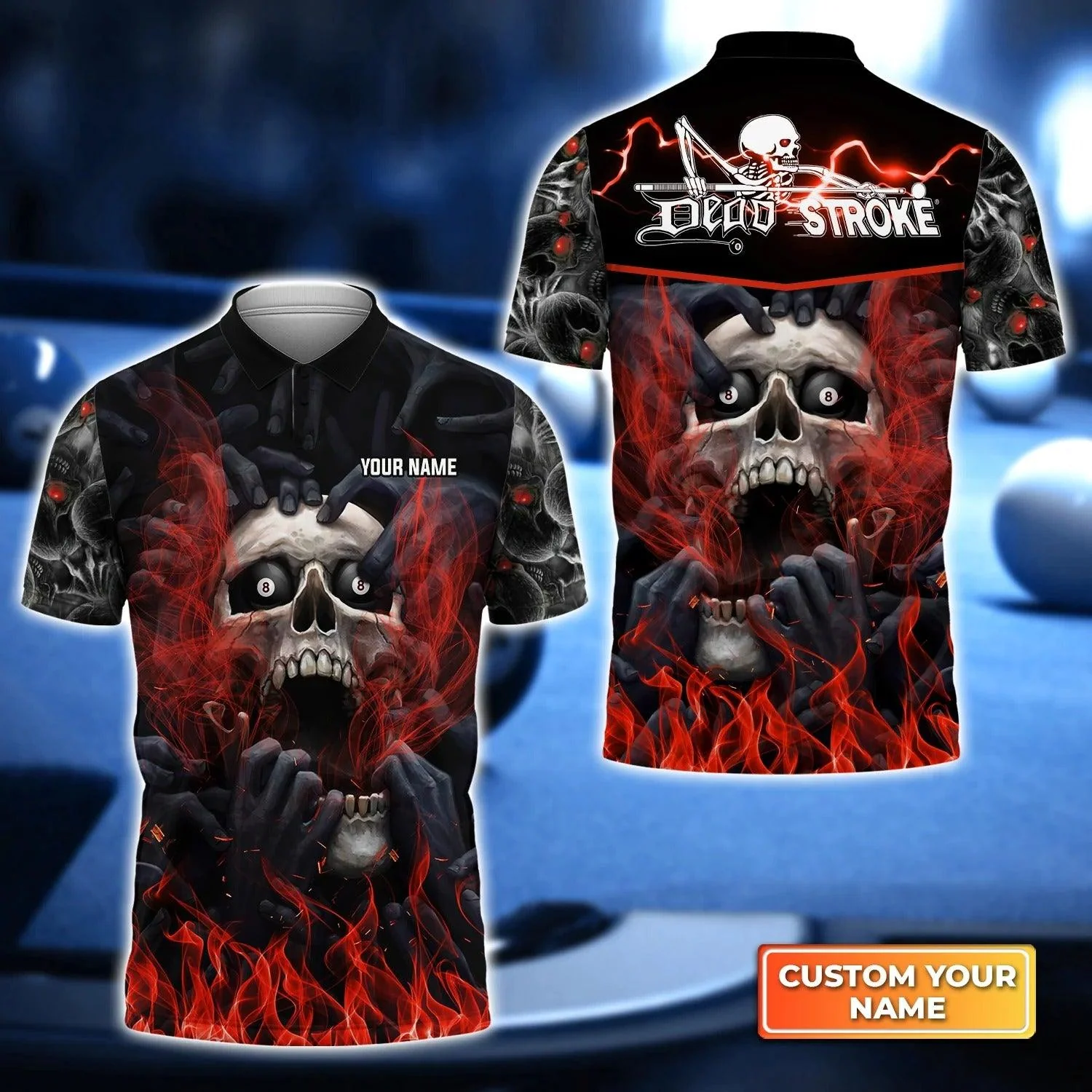 Custom Billiard Men Polo Shirt - Dead Stroke Pool 8 Ball Skull On Fire Personalized Name, Perfect Billiard Polo Shirt For Men, Billiard Players