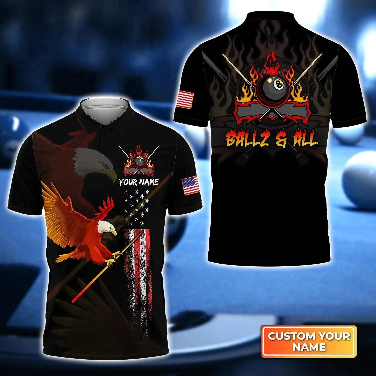 Custom Billiard Men Polo Shirt - Eagle BALLZ & ALL Team Bones 8 Ball American Flag Billiards Personalized Name - Perfect Billiard Polo Shirt For Men