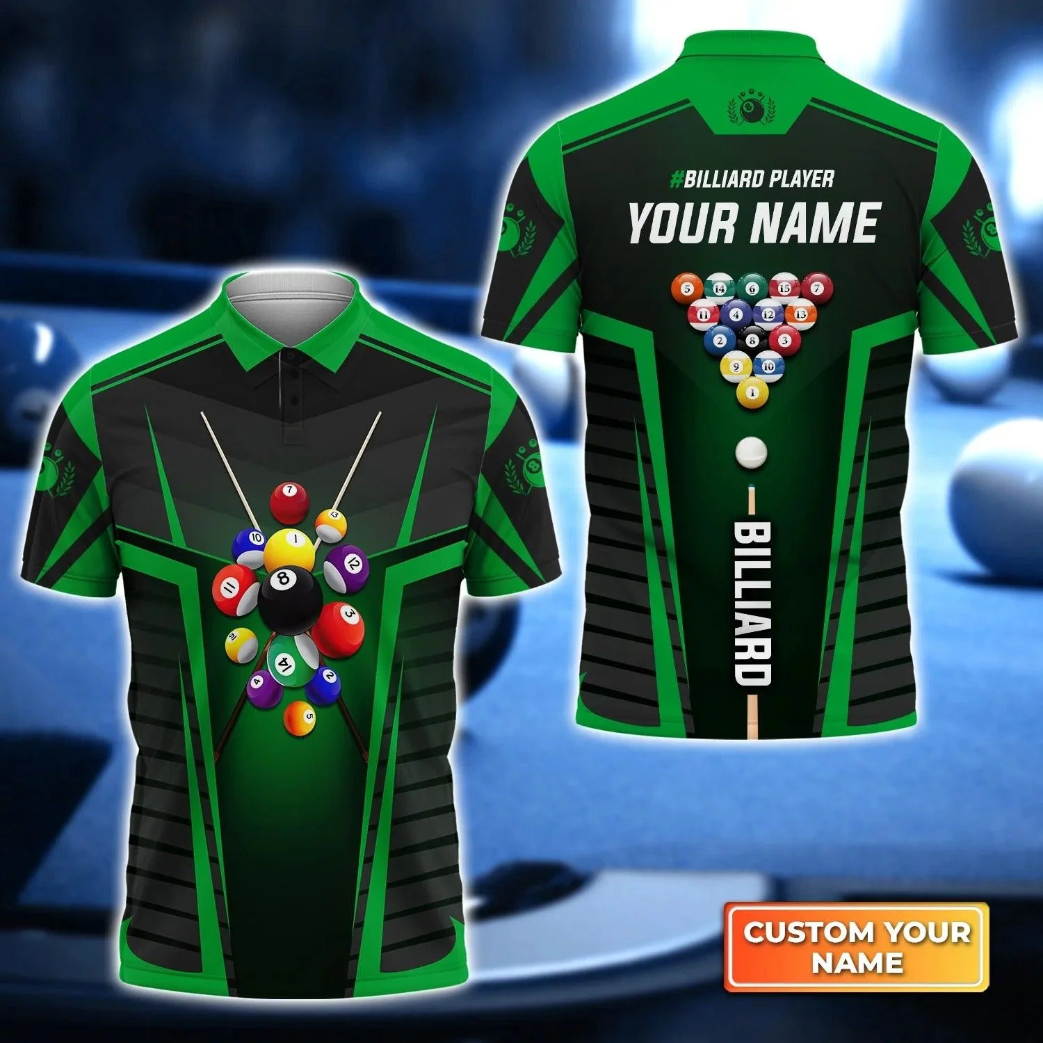 Custom Billiard Men Polo Shirt - Green Billiard Balls Personalized Name Polo Shirt - Perfect Billiard Polo Shirt For Men, Billiard Lover