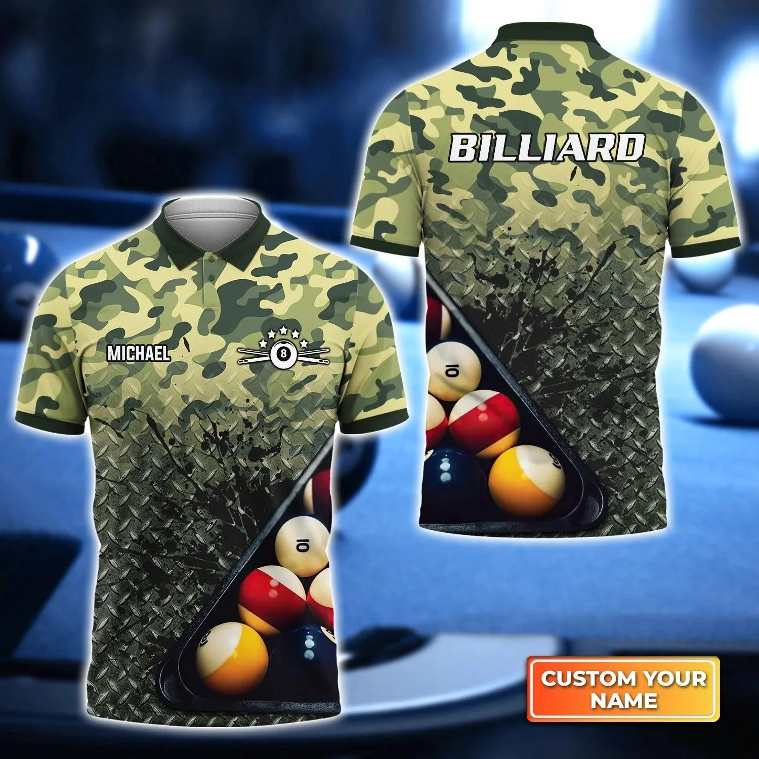 Custom Billiard Men Polo Shirt - Green Camo Billiard Personalized Name Polo Shirt, Perfect Billiard Polo Shirt For Men, Billiard Players