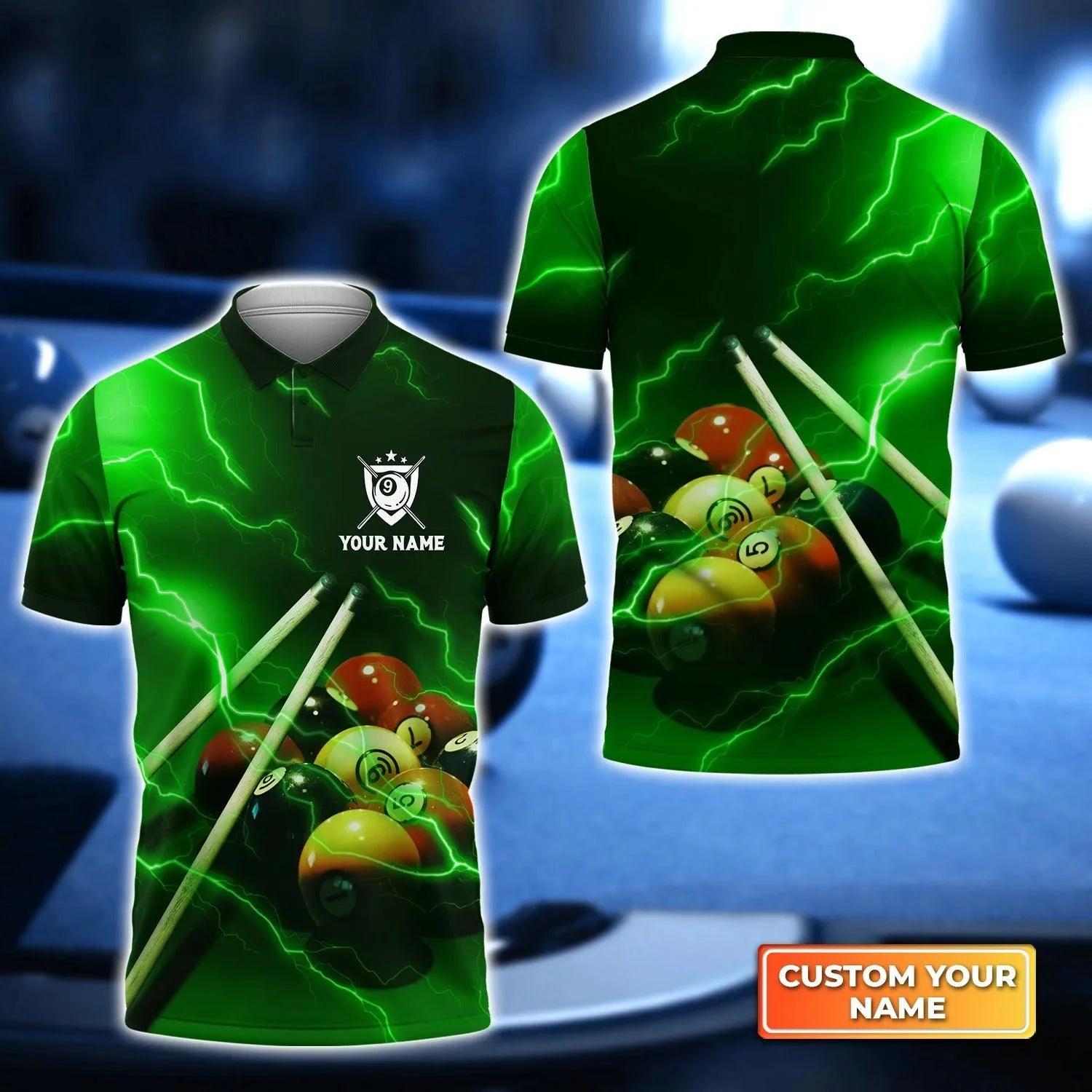 Custom Billiard Men Polo Shirt, Green Lightning, Billiards 9 Ball Thunder Lightning Fluor Green Personalized Name Polo Shirt, Gift For Billiard Lovers
