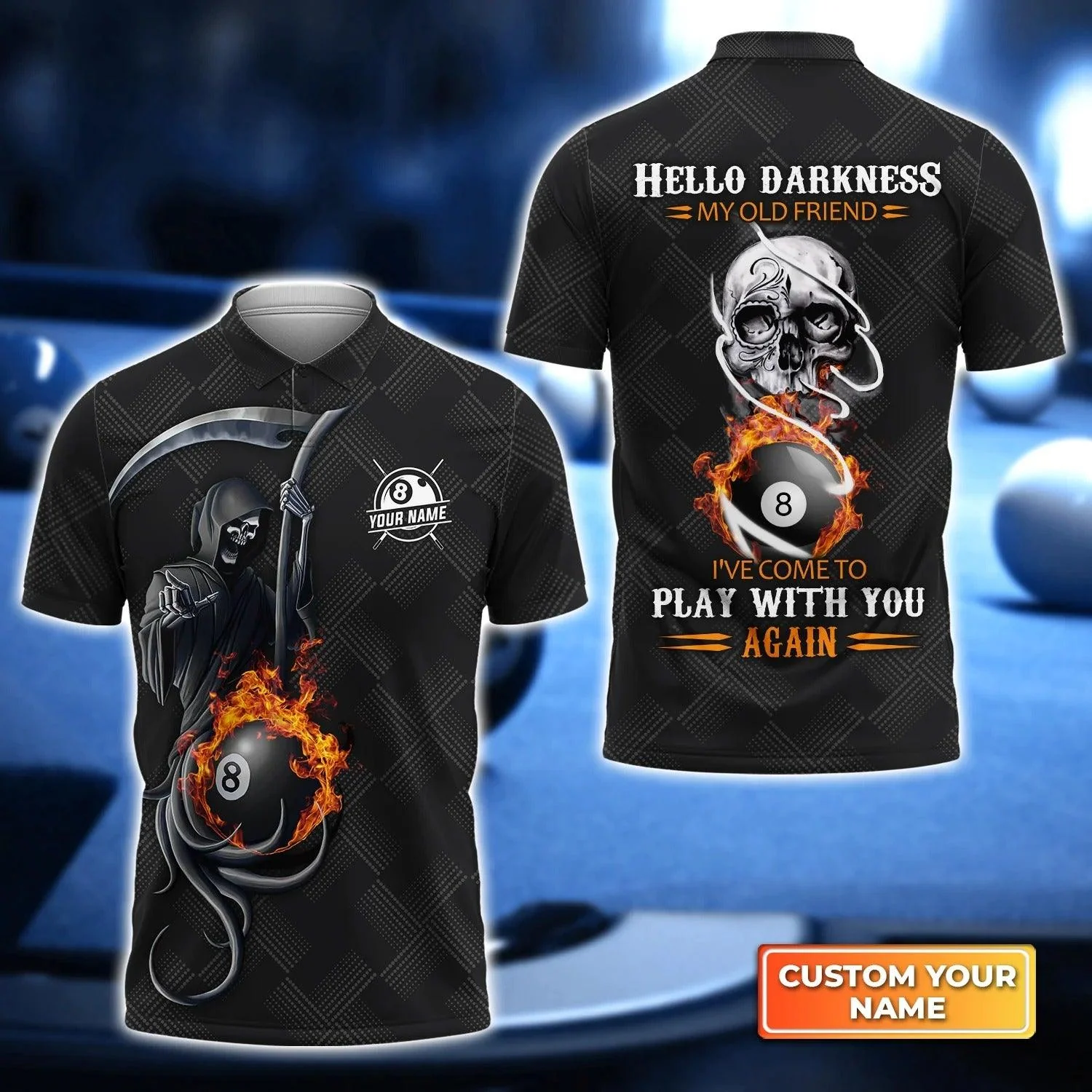 Custom Billiard Men Polo Shirt - Grim Reaper Billiard Pool 8 Ball Hello Darkness My Old Friend Personalized Name Polo Shirt Gift For Men,Billiard Lover