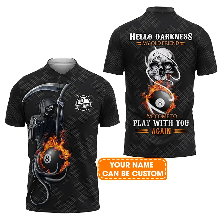 Custom Billiard Men Polo Shirt - Grim Reaper Billiard Pool 8 Ball Hello Darkness My Old Friend Personalized Name Polo Shirt Gift For Men,Billiard Lover - Image 2