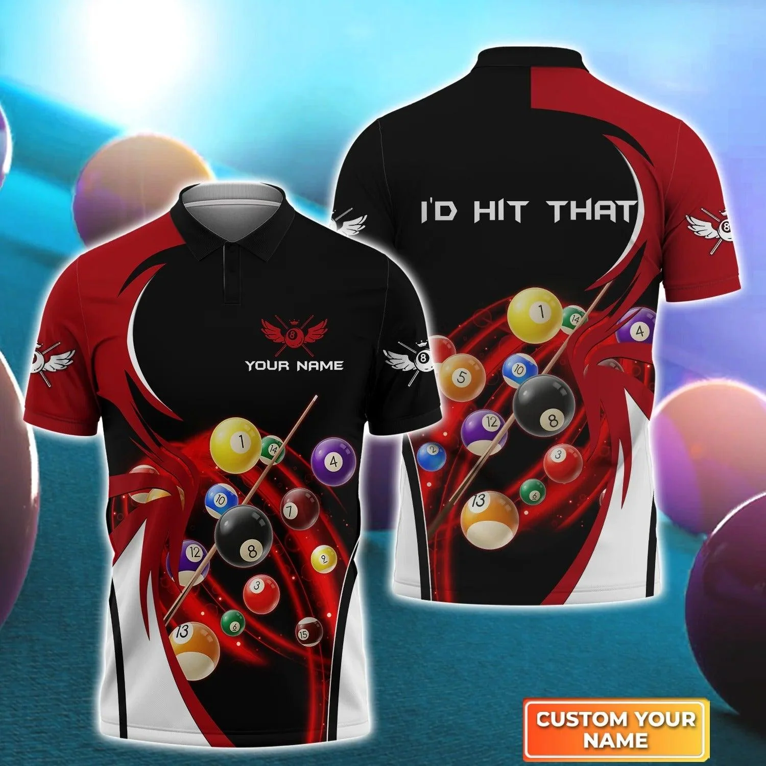 Custom Billiard Men Polo Shirt - I'd Hit That Personalized 8 Ball Pool Billiards Polo Shirts, Perfect Gift For Men, Billiard Lovers, Players