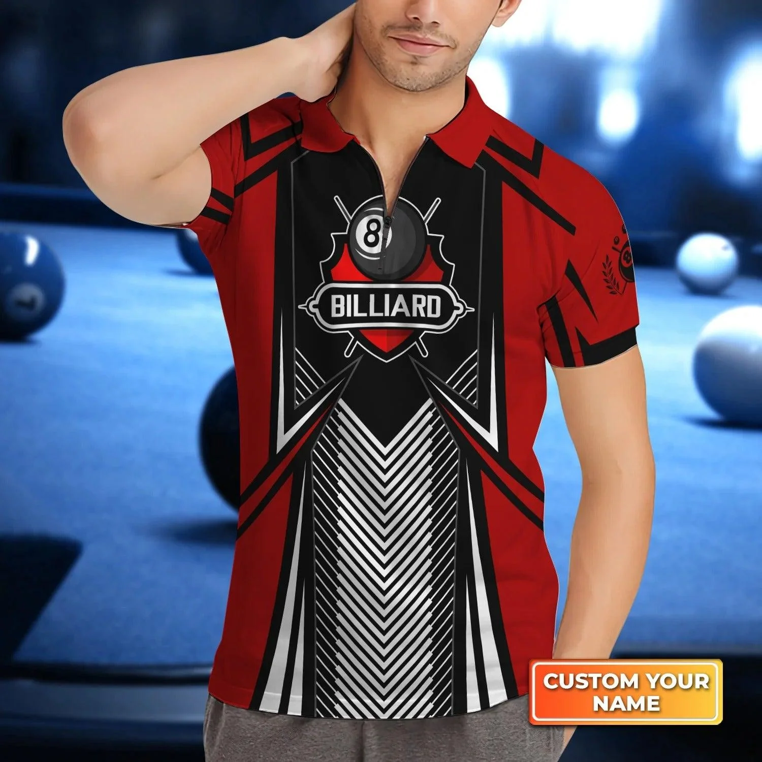 Custom Billiard Men Polo Shirt - Pool 8 Ball On Fire Red Personalized Name Polo Shirt - Perfect Billiard Polo Shirt For Men, Billiard Players - Image 2