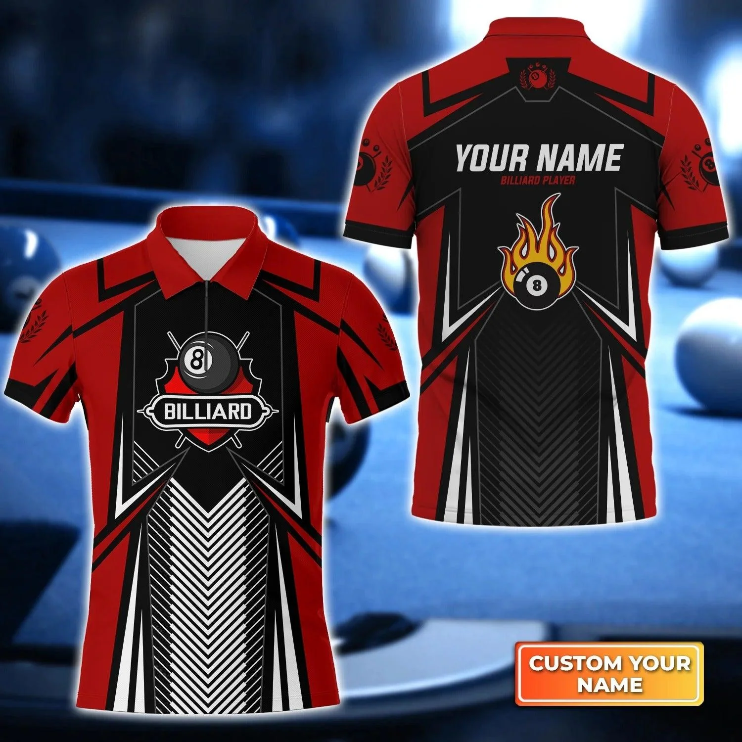 Custom Billiard Men Polo Shirt - Pool 8 Ball On Fire Red Personalized Name Polo Shirt - Perfect Billiard Polo Shirt For Men, Billiard Players - Image 3